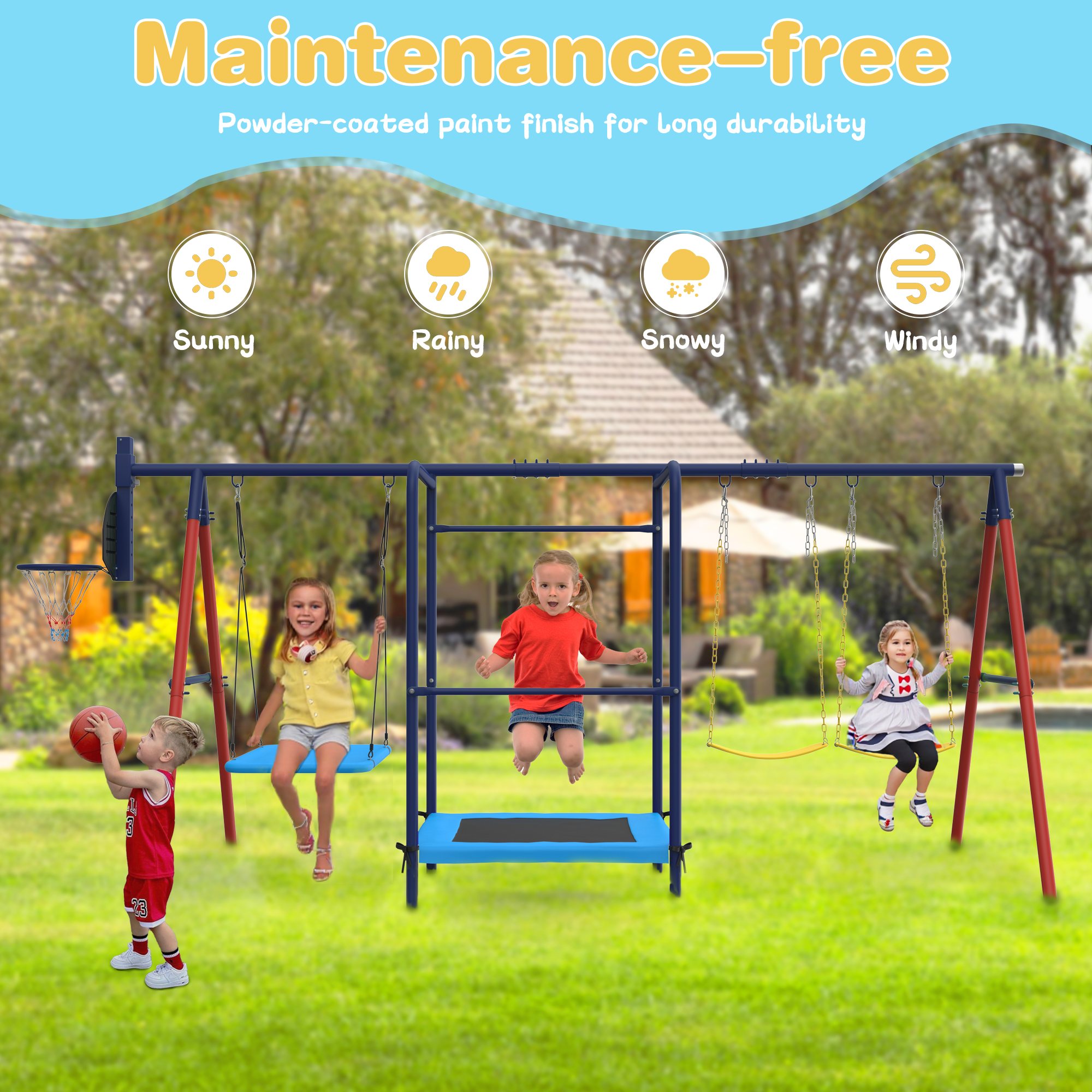 Homrest 5 in 1 Lifetime Swing Set for Backyard, Heavy Duty Metal Kids Playground with Trampoline, Saucer Swing, Belt Swings & Basketball Hoop, Outdoor Playset Holds Up to 440 lbs