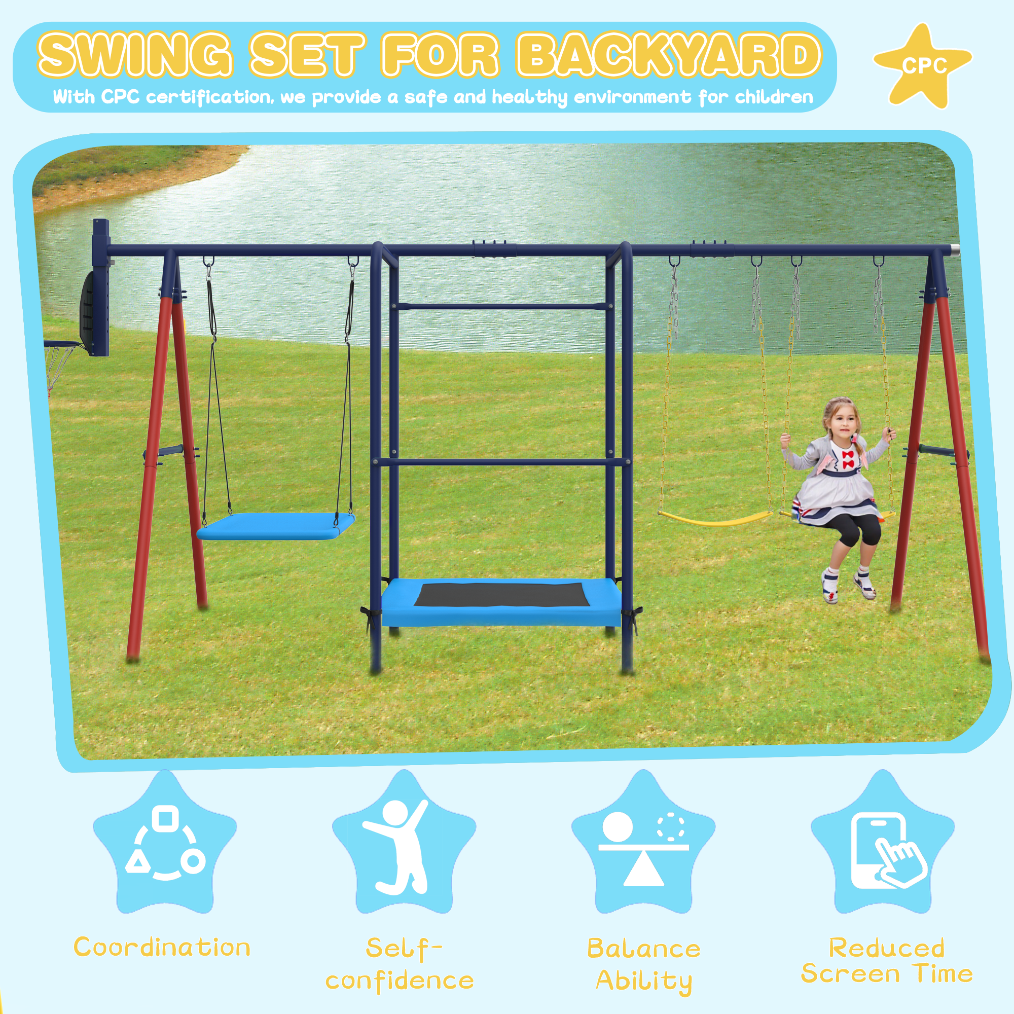 Homrest 5 in 1 Lifetime Swing Set for Backyard, Heavy Duty Metal Kids Playground with Trampoline, Saucer Swing, Belt Swings & Basketball Hoop, Outdoor Playset Holds Up to 440 lbs