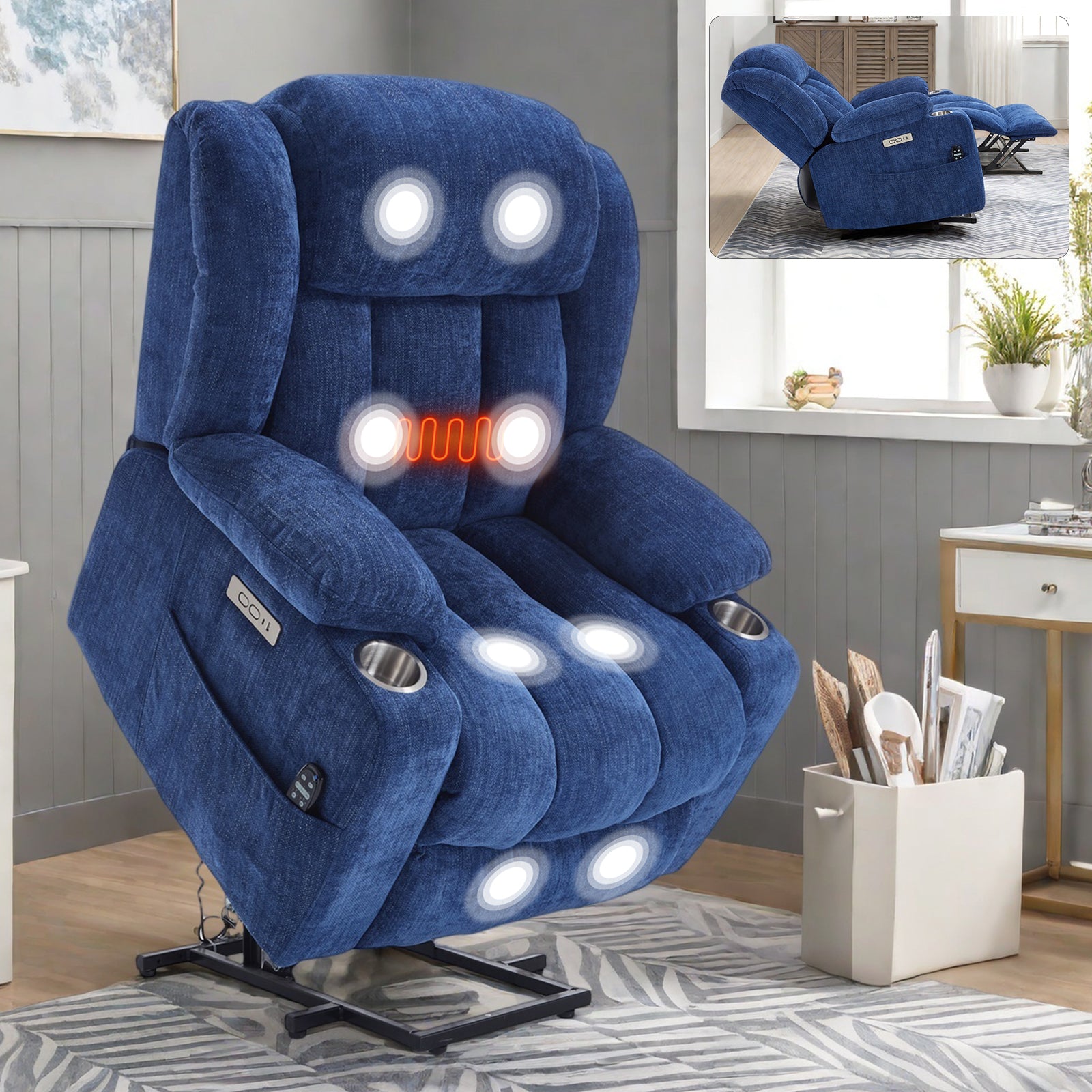 Homrest Premium Electric Recliner Chair with 8-Point Massage & Heating, Plush Chenille Fabric, Blue