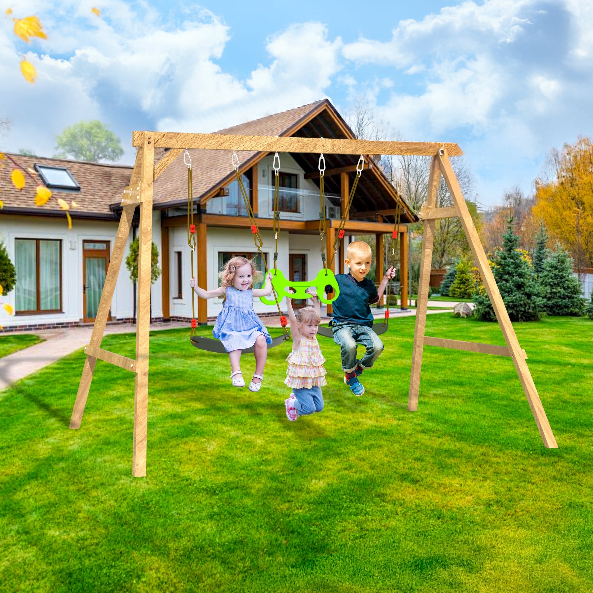 Homrest Wooden Swing Sets for Backyard with 2 Belt Swings and Trapeze Bar, Outdoor Playset for Kids, Backyard Discovery Wooden Swing Set