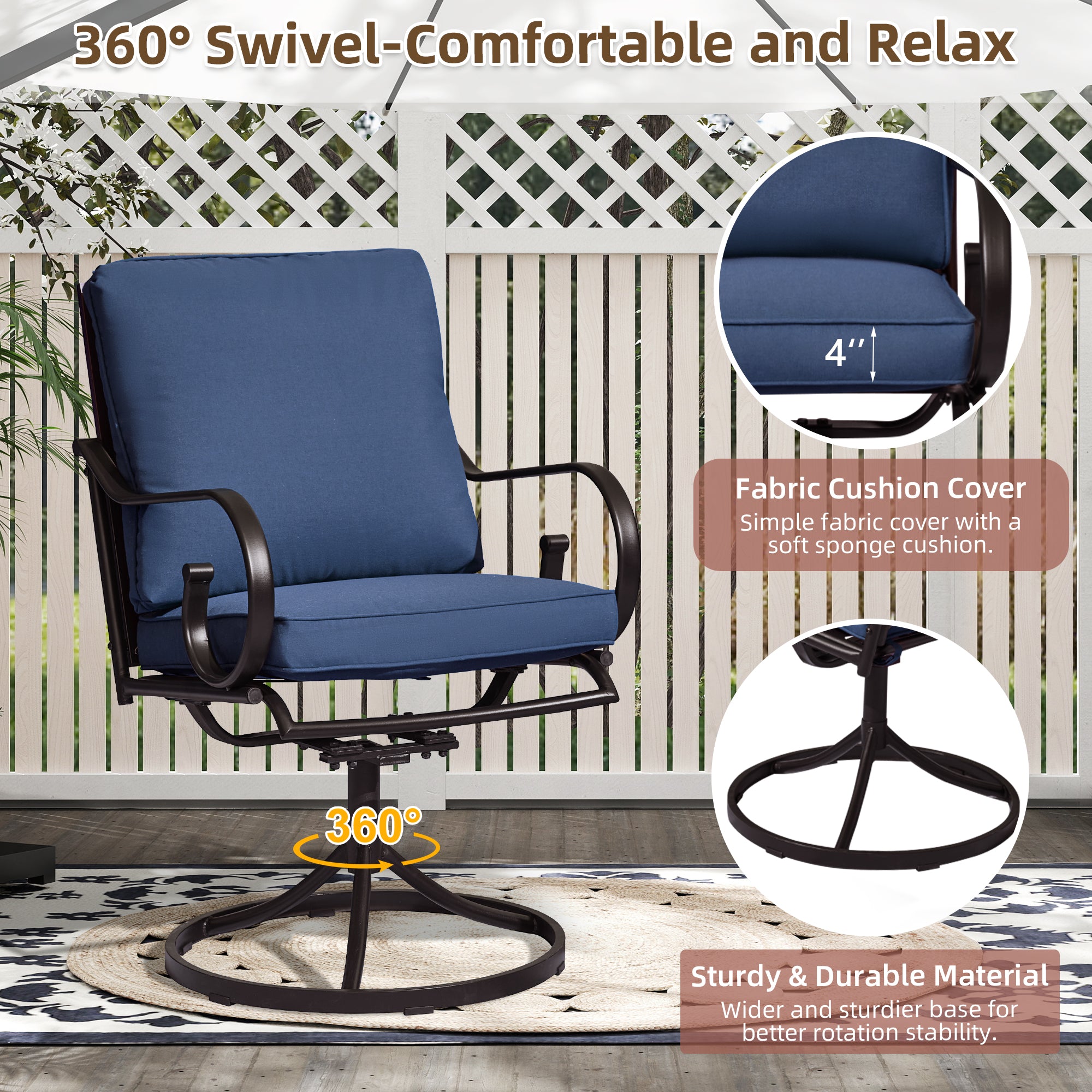 HOMREST  Patio Swivel Chair Set of 2, Outdoor Dining Chairs with Cushions, Blue