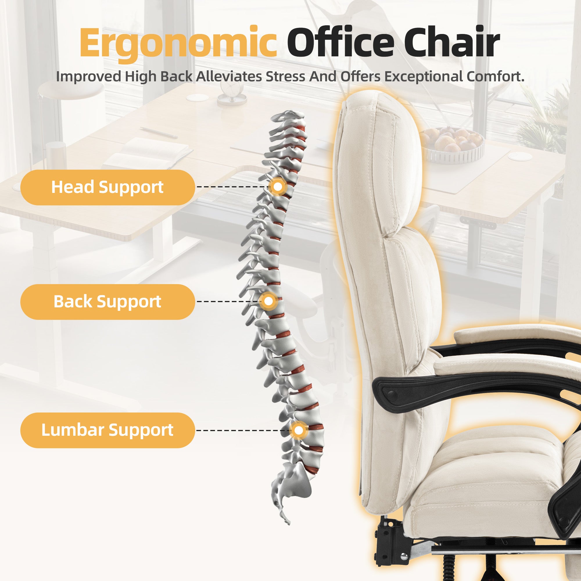 Homrest Velvet Executive Office Chair with Footrest – Adjustable Recline, High Back Comfort