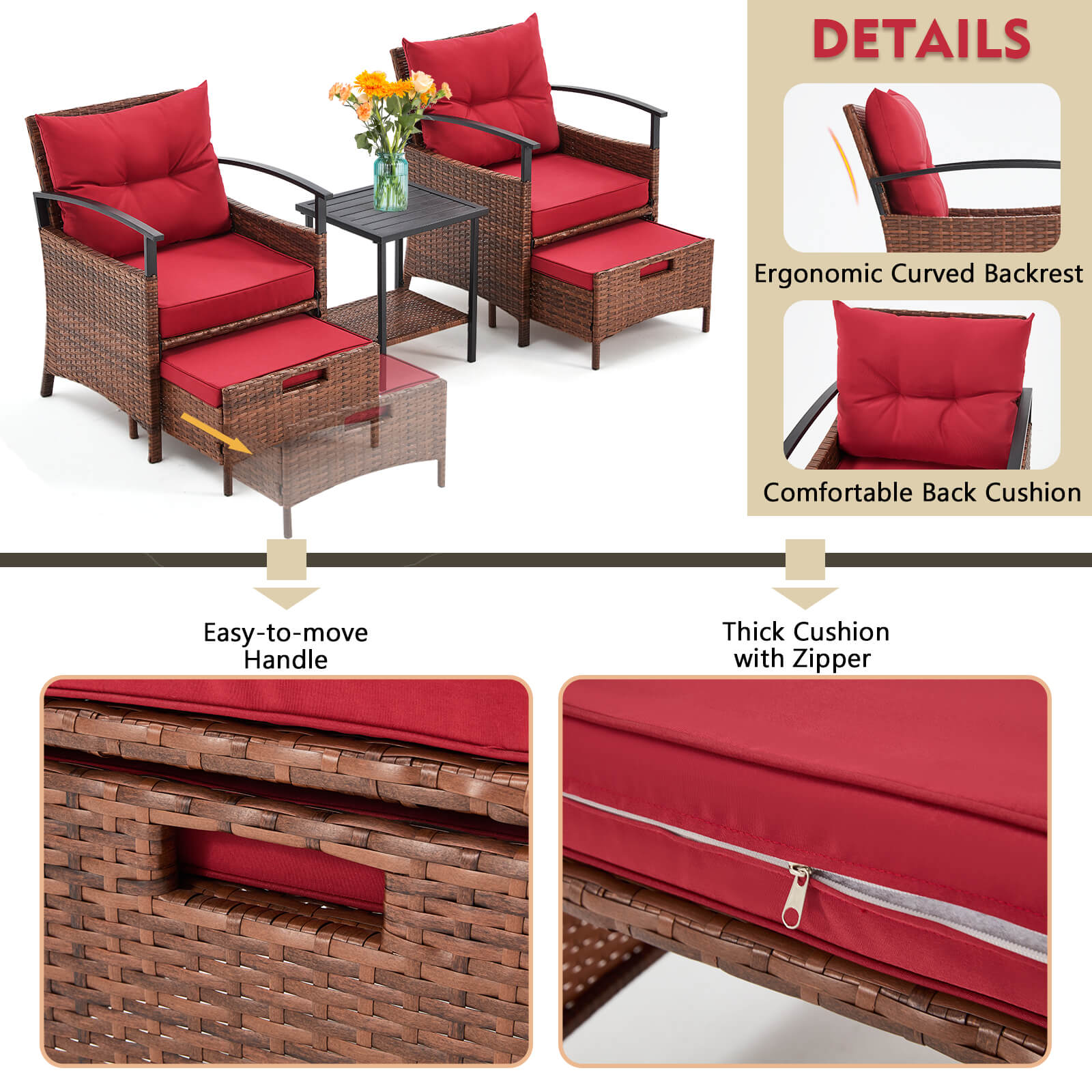 HOMREST 5 Pieces Patio Furniture Set, Outdoor Rattan Chairs with Metal Coffee Table, Ottomans & Soft Cushions, Wicker Conversation Bistro Set for Garden, Porch, Deck, Balcony, Red
