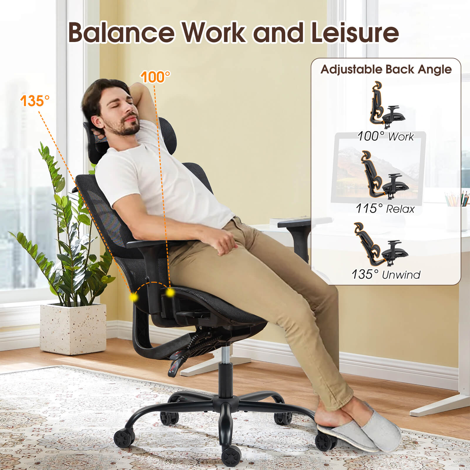 Homrest Ergonomic Mesh Office Chair with Adjustable Lumbar & Headrest – Black