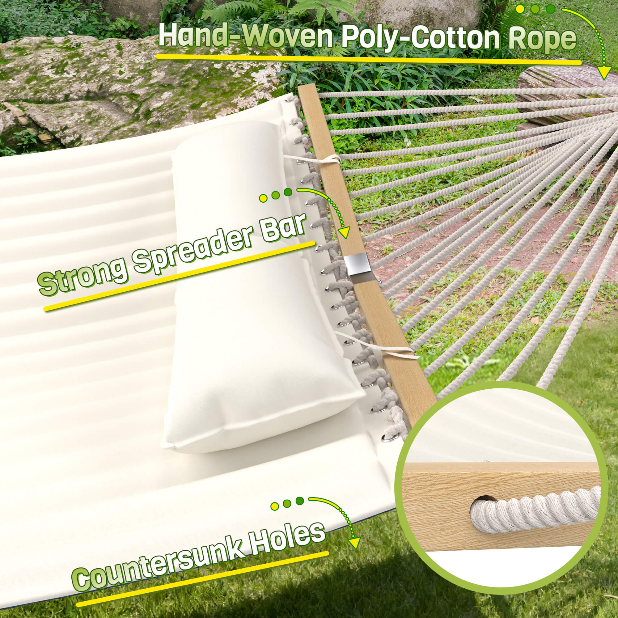HOMREST Modern Portable Hammock, Outdoor Rope Hammock for Backyard, Beach & Camping, Off-White