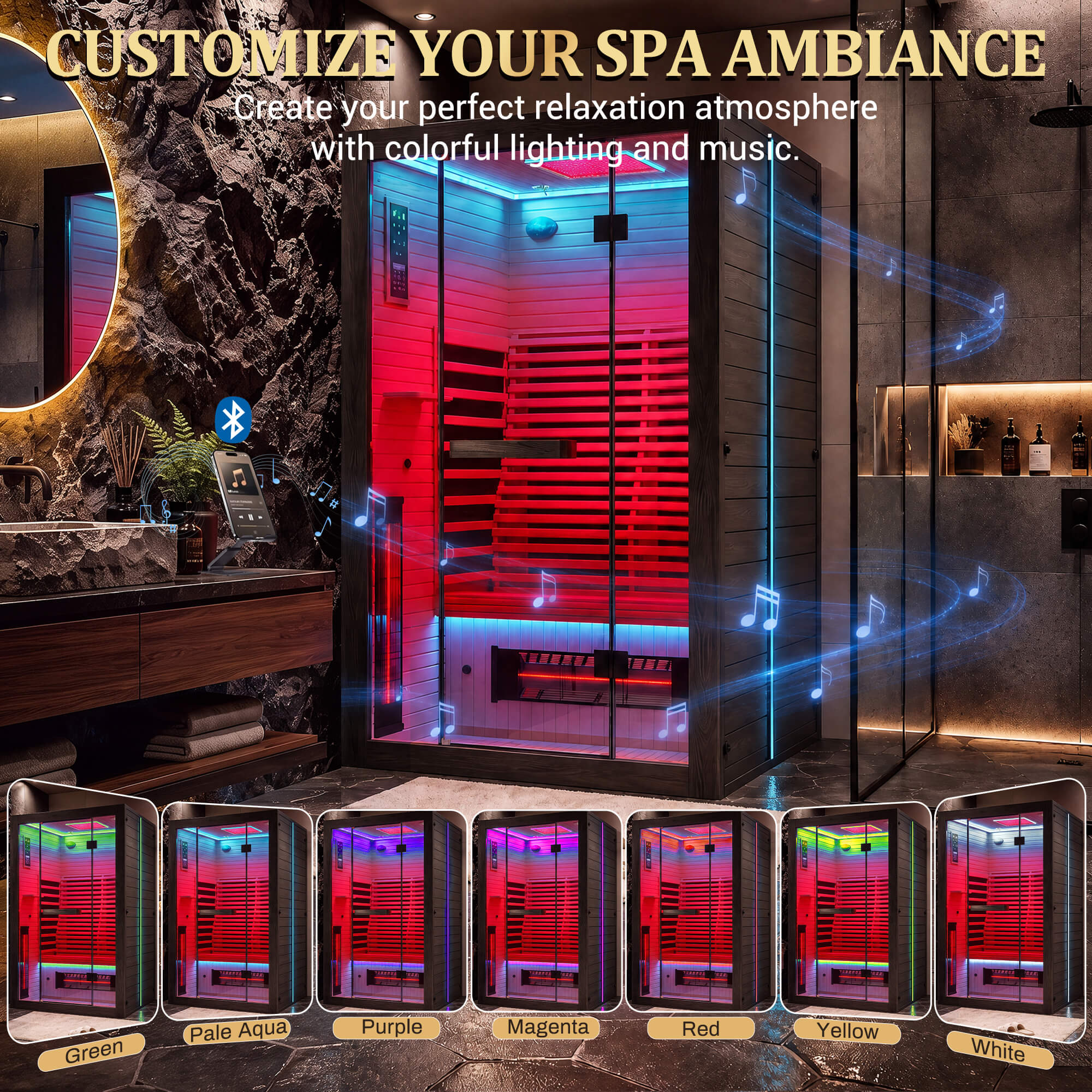 HOMREST 2 Person Infrared Sauna with Red Light Therapy, 360° Fast Heating, 7-Color LED & Bluetooth, Adjustable Seat, Black