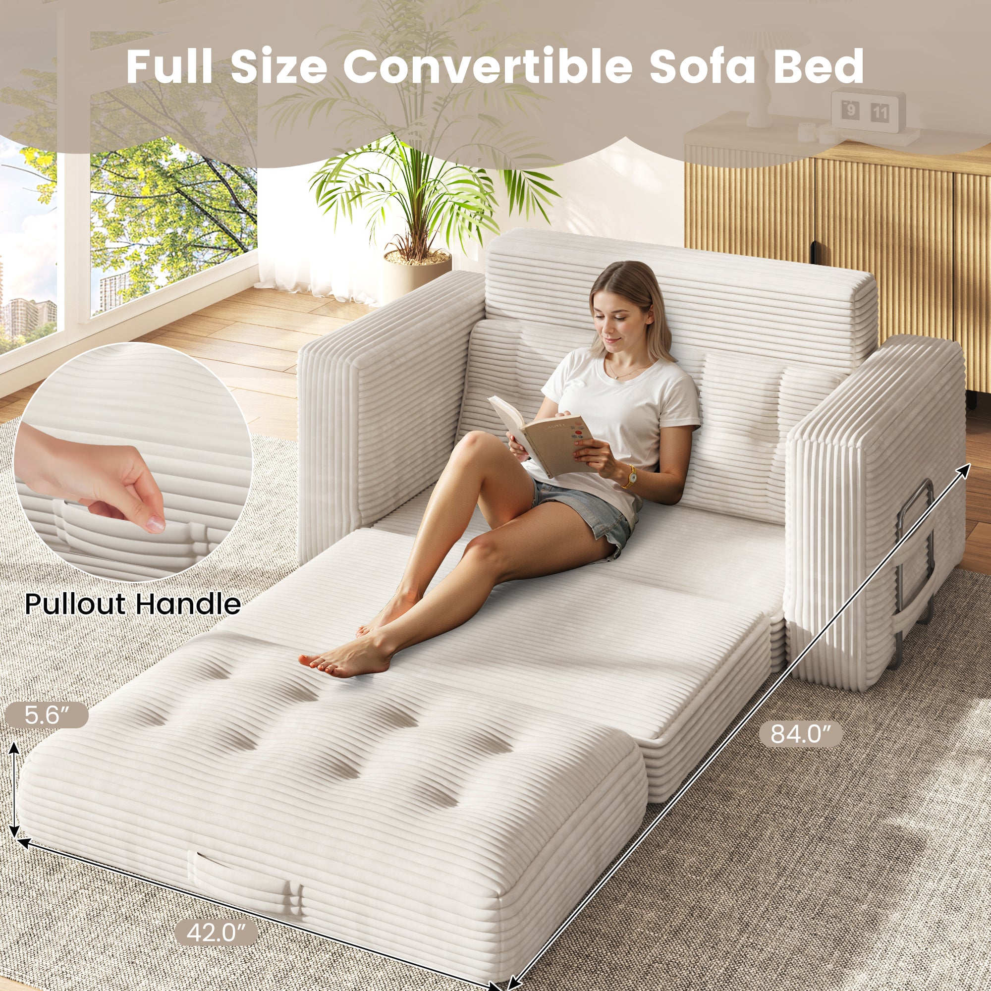 HOMREST No Assembly Needed Convertible Sofa Bed, 2 in 1 Boneless Couch Bed with 2 Pillows, Beige