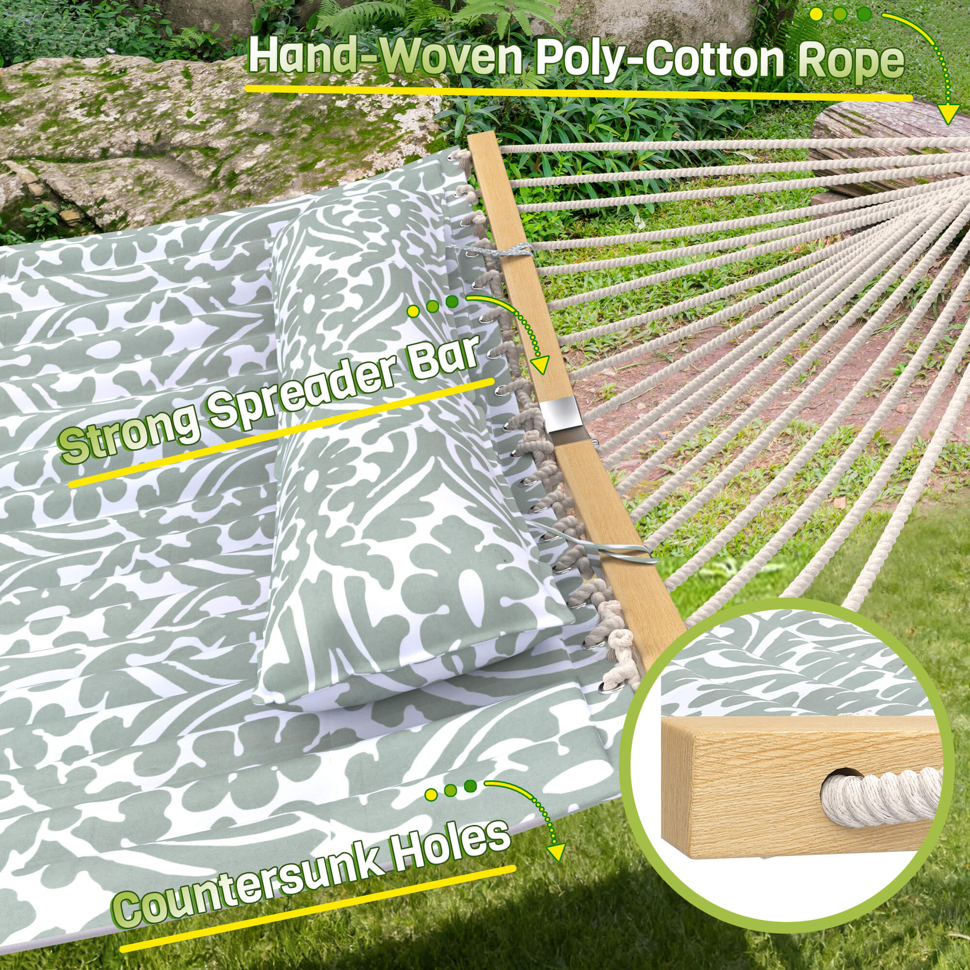 HOMREST Modern Portable Hammock, Outdoor Rope Hammock for Backyard, Beach & Camping, Gray Floral