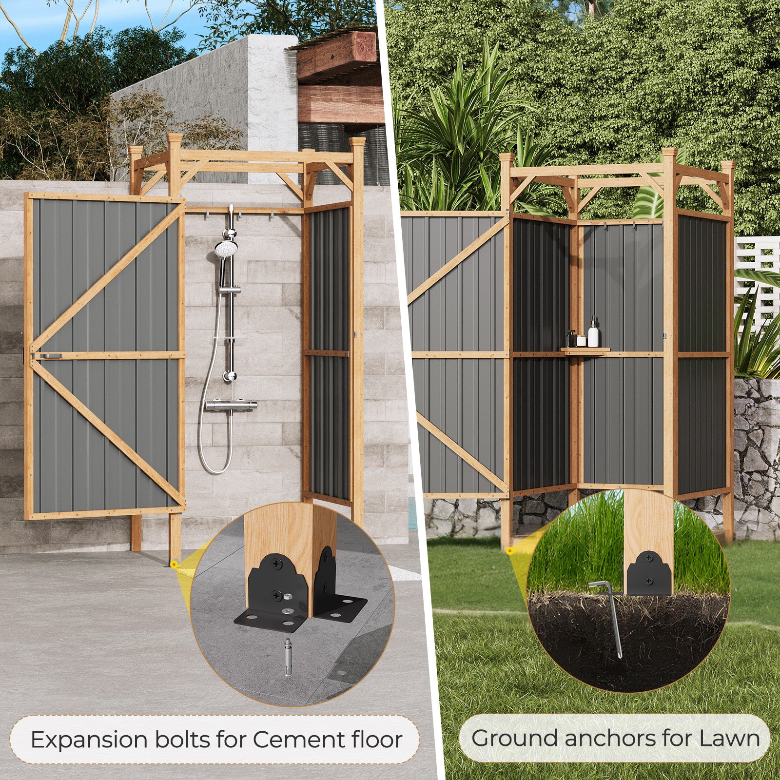 HOMREST Outdoor Shower Enclosure with Lockable Door, Weatherproof Outdoor Shower Stall with Metal Panels, Hooks & Shelves - Perfect for Pool Wash Station, Backyard & Beach Rinse Area Small Version