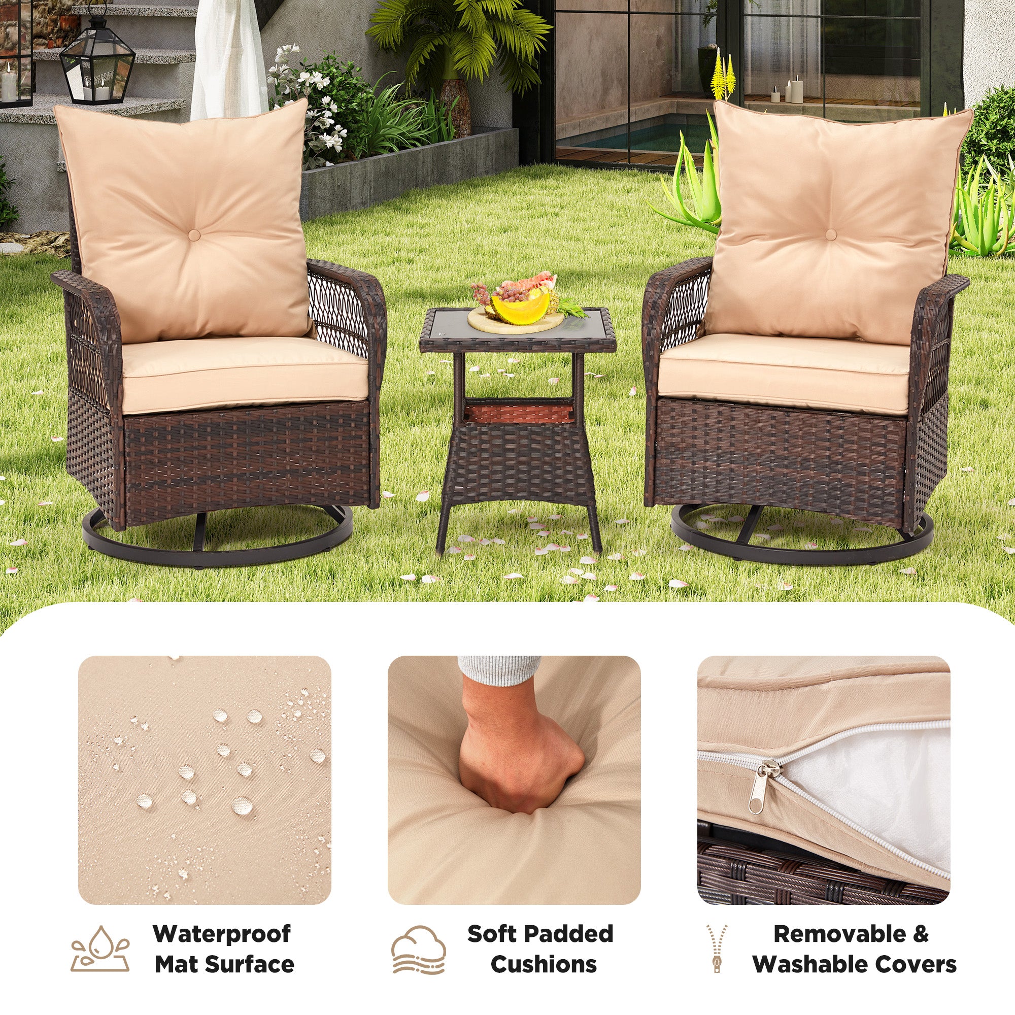 HOMREST 3-Piece Patio Swivel Rocker Set with Rattan Coffee Table, Beige