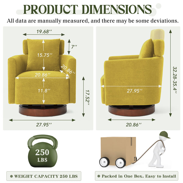 HOMREST Swivel Accent Chair, Armchair Barrel Chair with Adjustable Headrest Swivel Chair for Living Room Bedroom, with 360° Rotation and Thick Cushion, Mustard Yellow