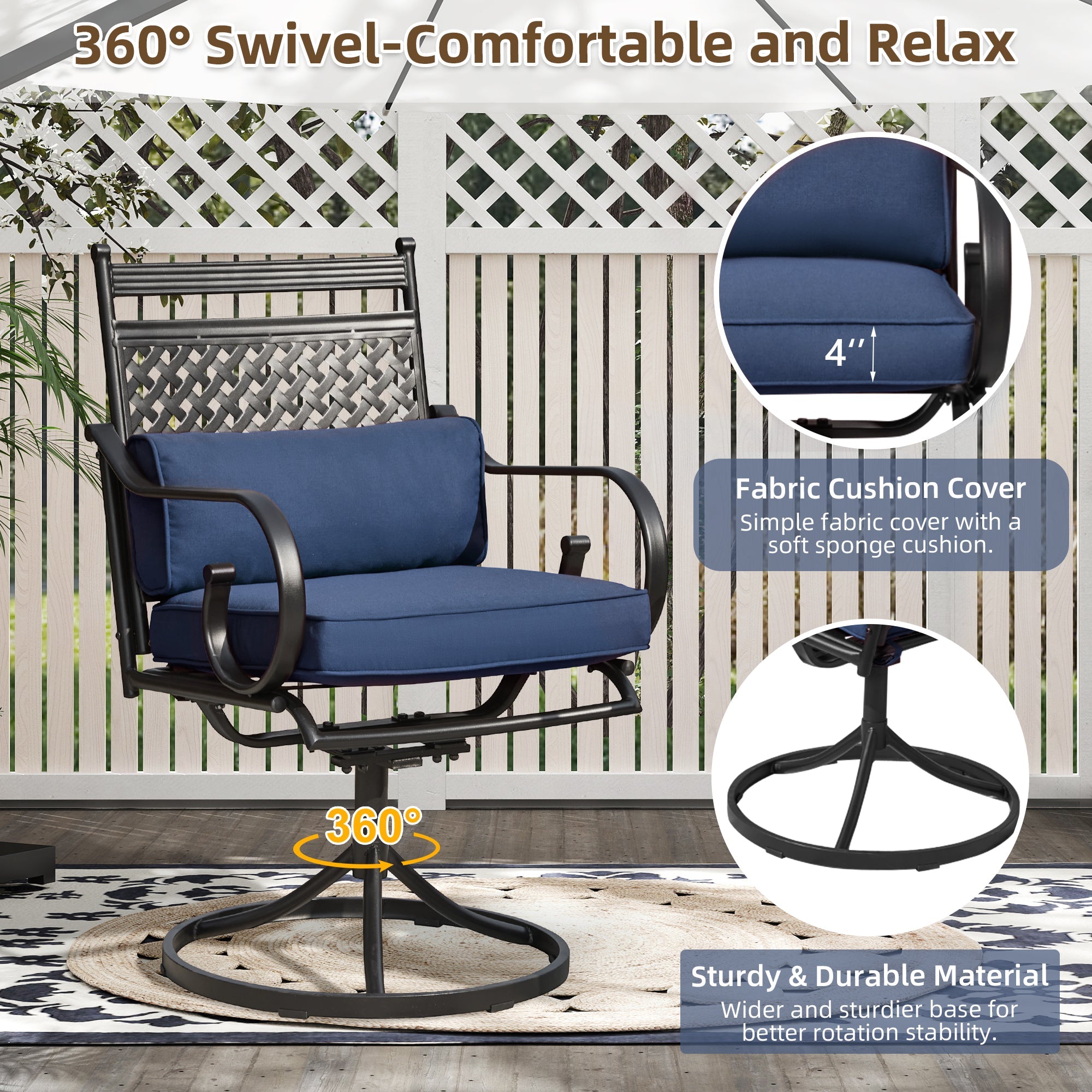 HOMREST Patio Swivel Chair Set of 2, Outdoor Dining Chairs with Cushions for Porch, Deck, and Garden, Blue
