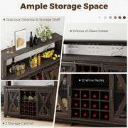 HOMREST 55" Farmhouse Bar Cabinet, Wine Coffee Bar Cabinet With Led Lights And Sliding Barn Door, Home Bar With Wine Racks And Glass Holder,  Black