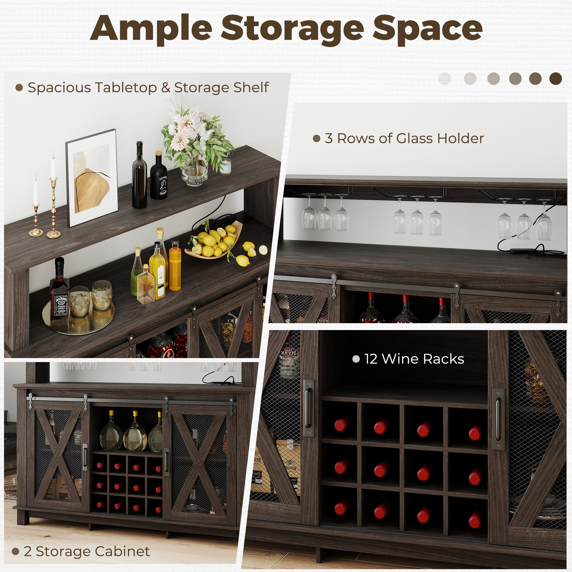 HOMREST 55" Farmhouse Bar Cabinet, Wine Coffee Bar Cabinet With Led Lights And Sliding Barn Door, Home Bar With Wine Racks And Glass Holder,  Black