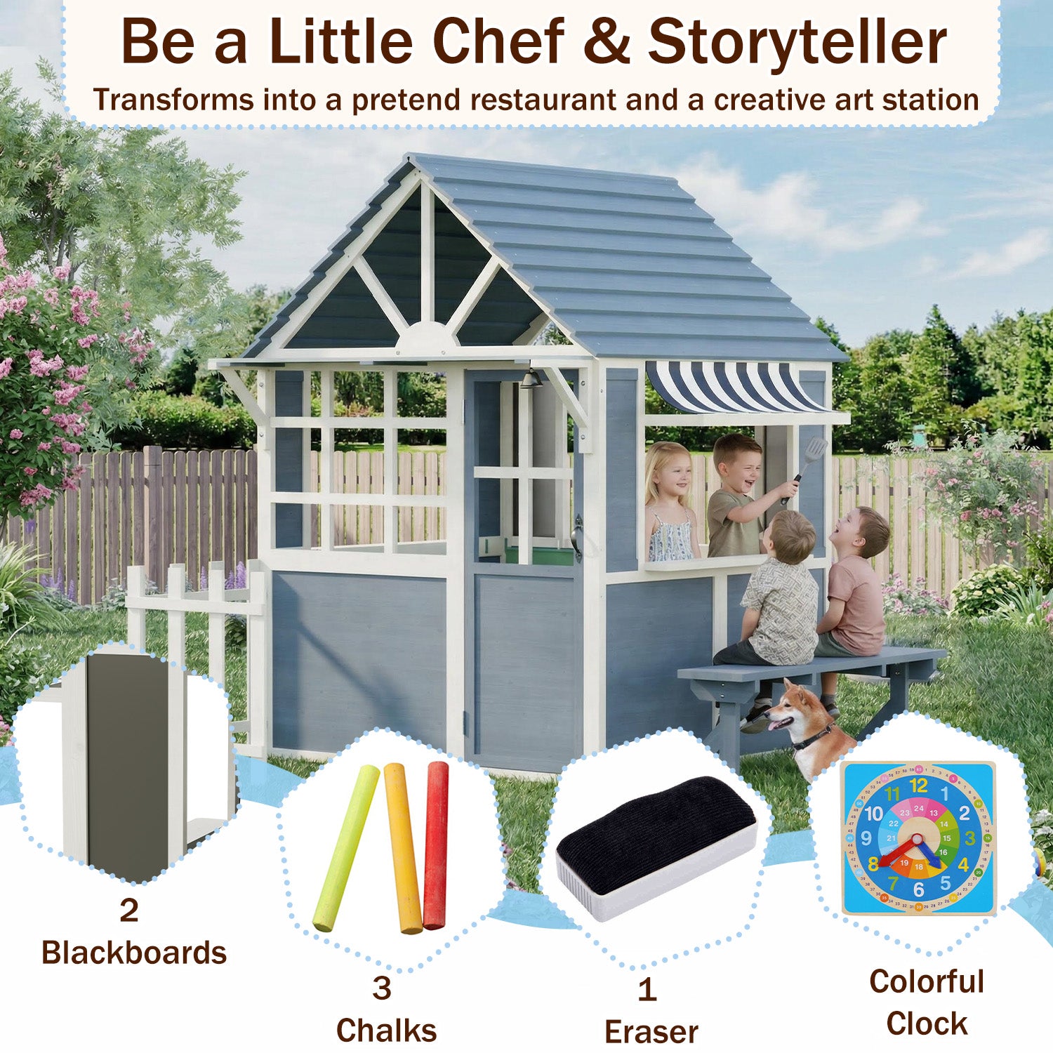 HOMREST Outdoor Playhouse for Kids, Wooden Kid Play House with Kitchen Toys,Blackboard,Chalks,Eraser,Magnetic Door, Bench, Foldable Sunshade Canopy,Flowerpot Holders, Bell, Pet Hole, Clock,Blue Grey