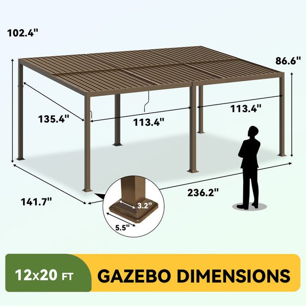 HOMREST 12' x 20' Lean to Gazebo, Patio Gazebo with Adjustable Galvanized Roof, Hardtop Wall Mounted Gazebo with Full Metal Frame, Outdoor Pergola for Deck, Porch, Garden, Backyard