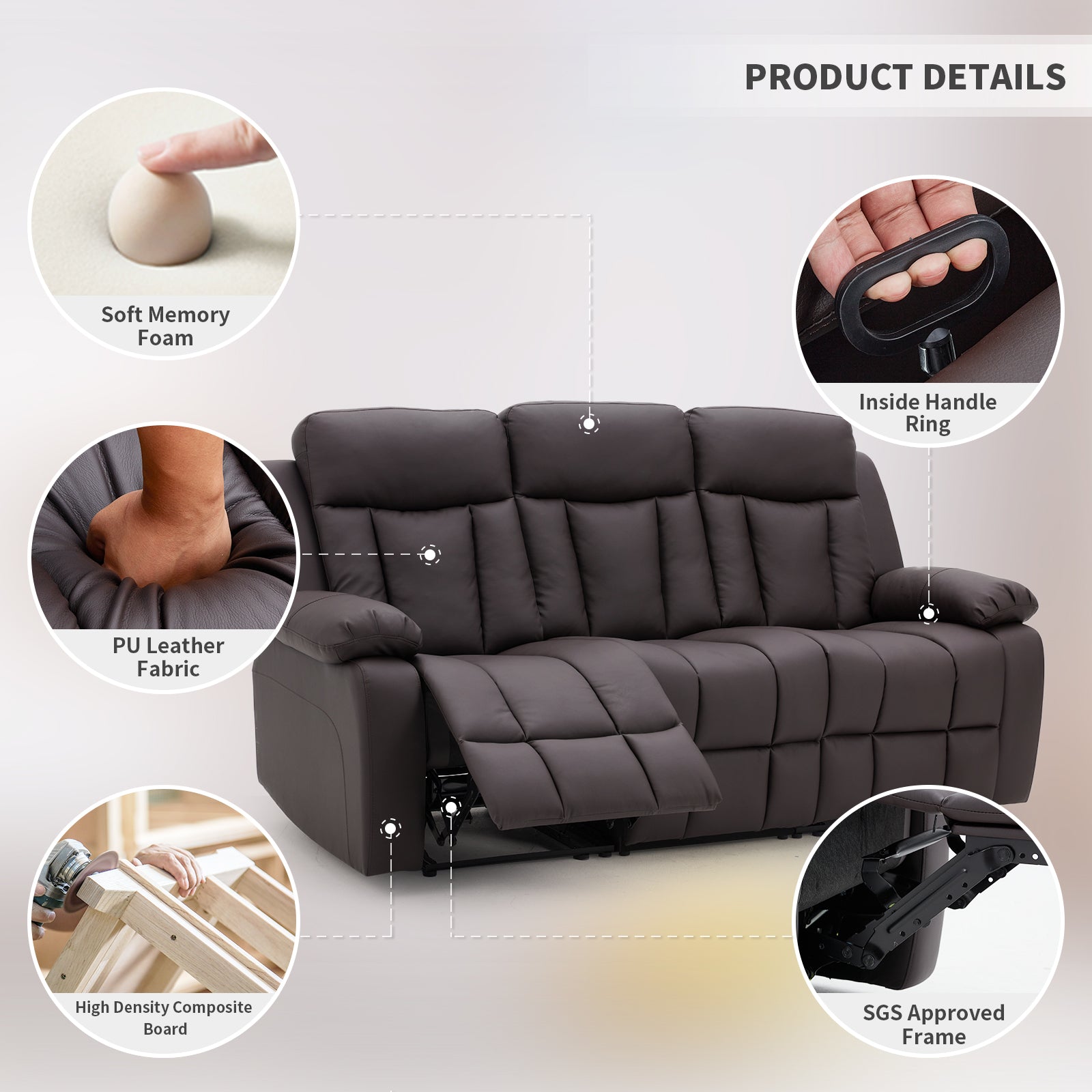 Homrest Breathable Leather Fabric Recliner Chair with PU Padded Seat Backrest with soft memory foam, inside handle ring, pu leather fabric, high density composite board and SGS approved frame