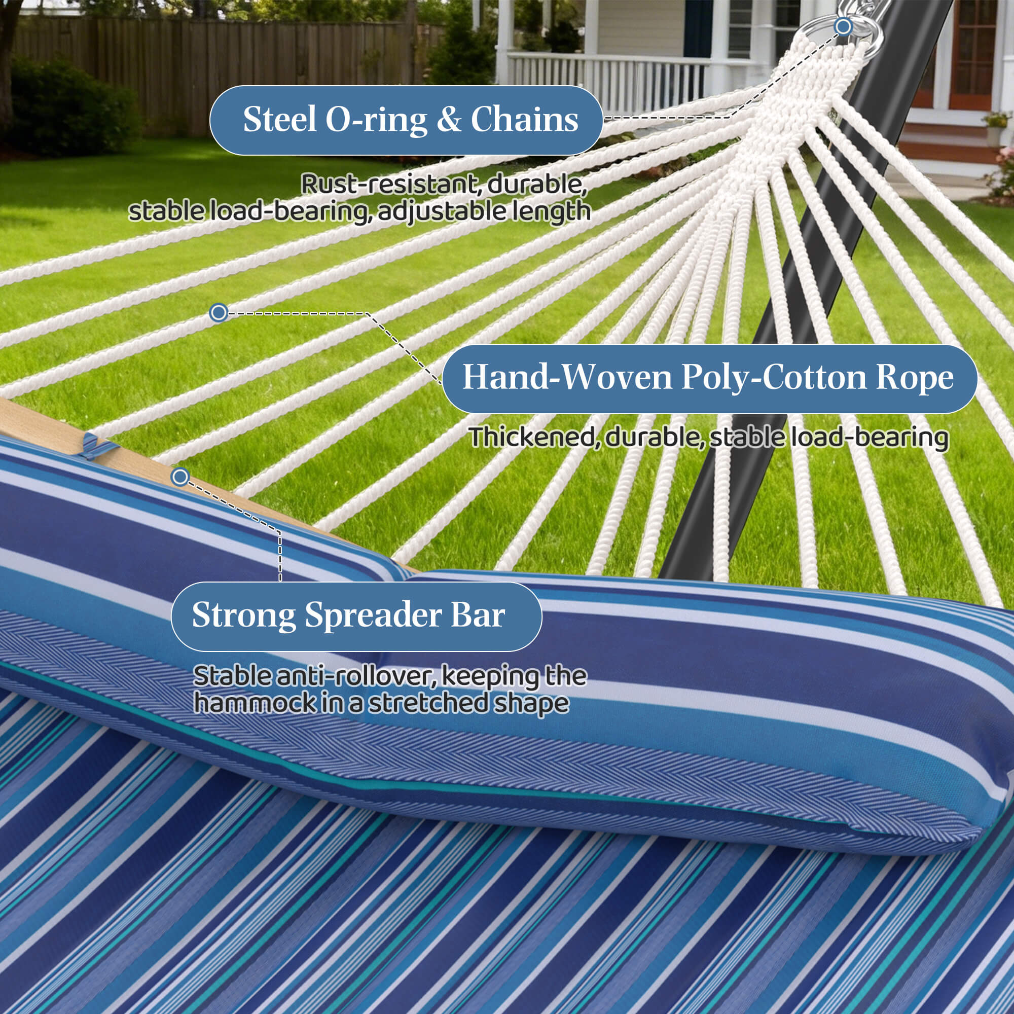 HOMREST Modern Rope Hammock with Stand, Portable Outdoor Hammock for Backyard, Beach & Camping, Blue Stripes