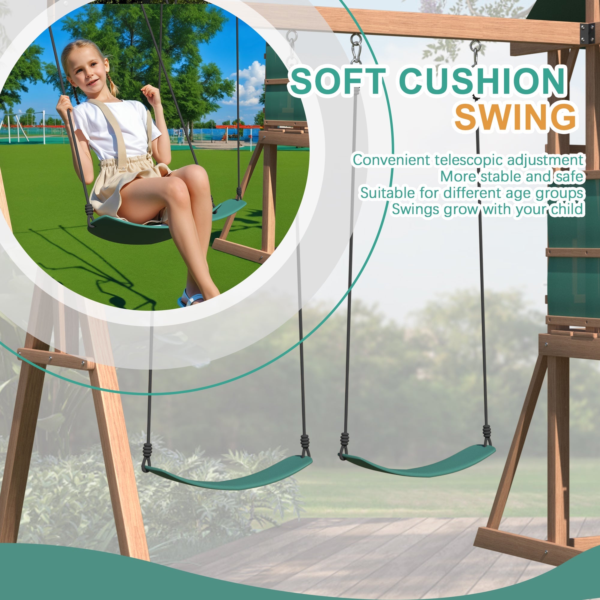 Homrest Swing Sets for Backyard, 4-in-1 Outdoor Swing Set with Slide, Climbing Rock Wall, and Soft Cushion Swings for Backyard Playground