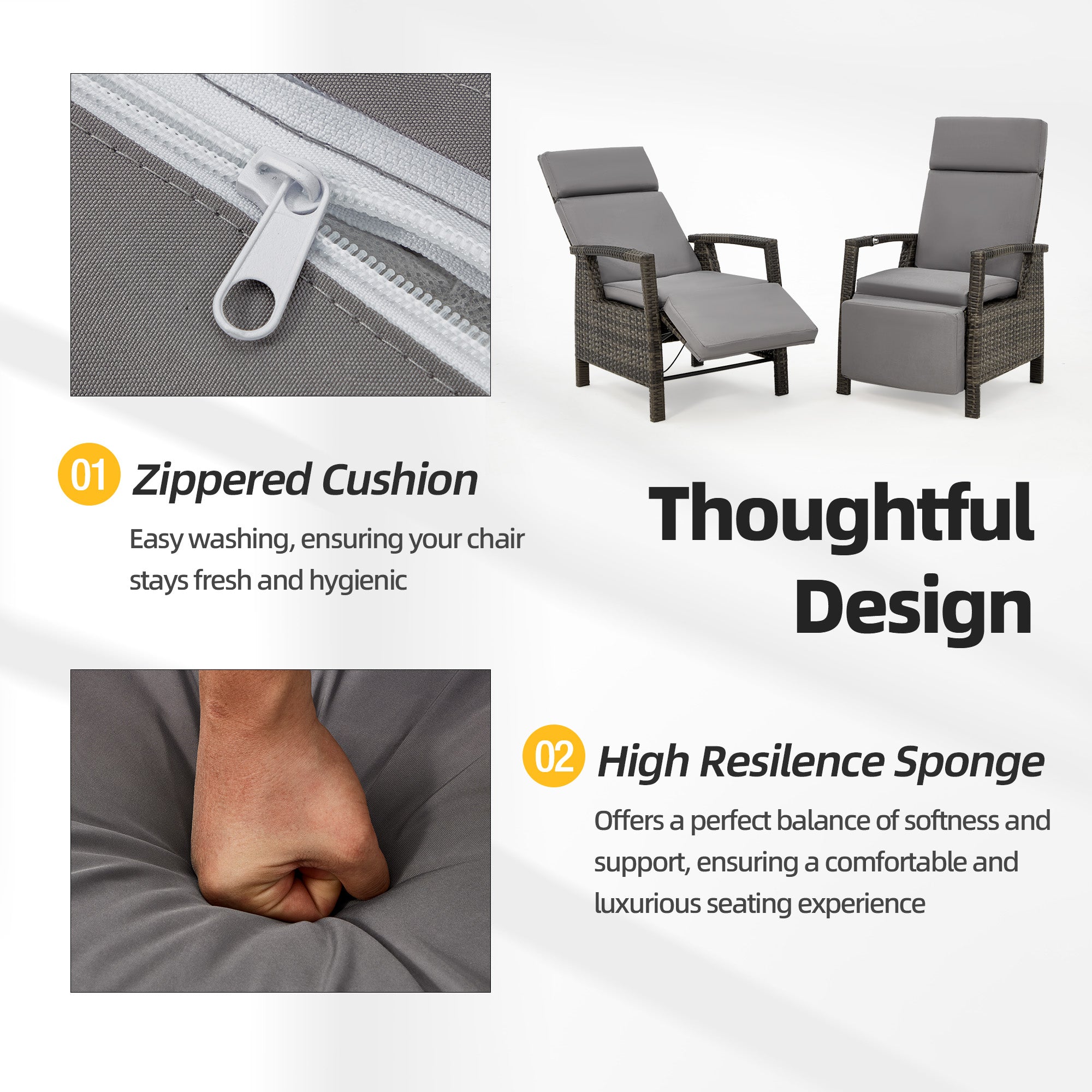 HOMREST Outdoor Recliner Chair Set of 2, up to 150°with Removable Cushion, Grey