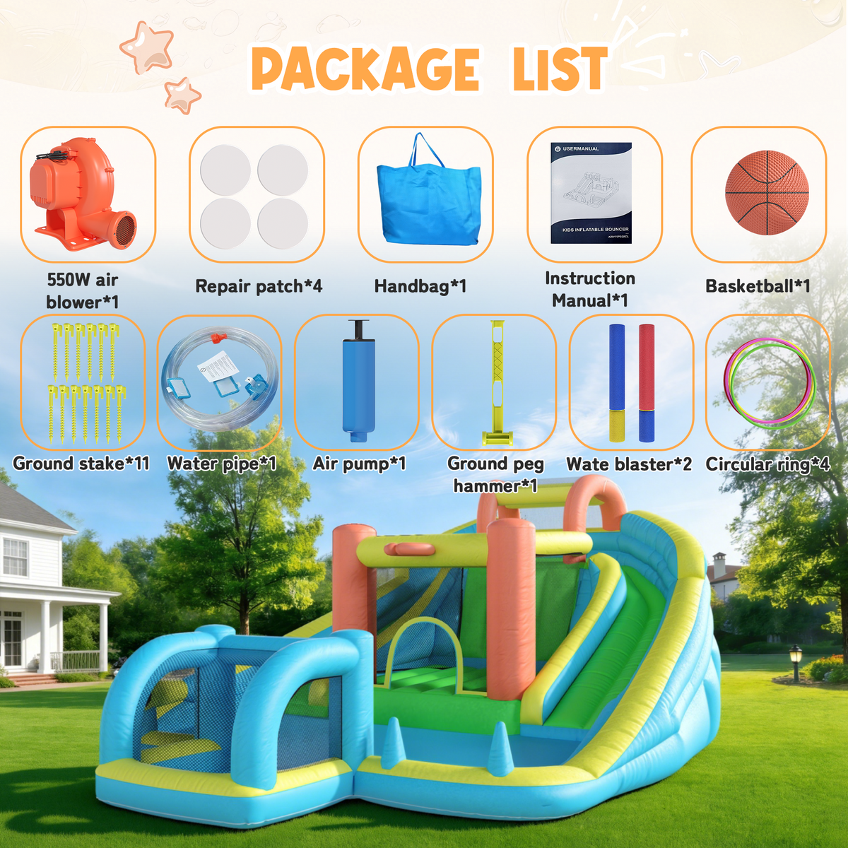 Homrest Inflatable Bounce House with Double Slide, Bouncy Castle for Kids 3-12 with Blower, Water Cannon, Football Net, Jumping, Climbing Wall, Basketball Hoop, Backyard Water Park for Kids