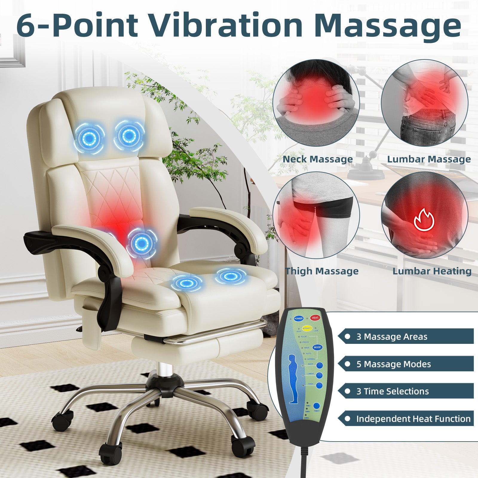 HOMREST 6-Point Massage Office Chair with Heat, Ergonomic Reclining Desk Chair with Footrest, PU Leather Executive Chair for Home Office,Comfortable Computer Chair Gift for Women, Off White