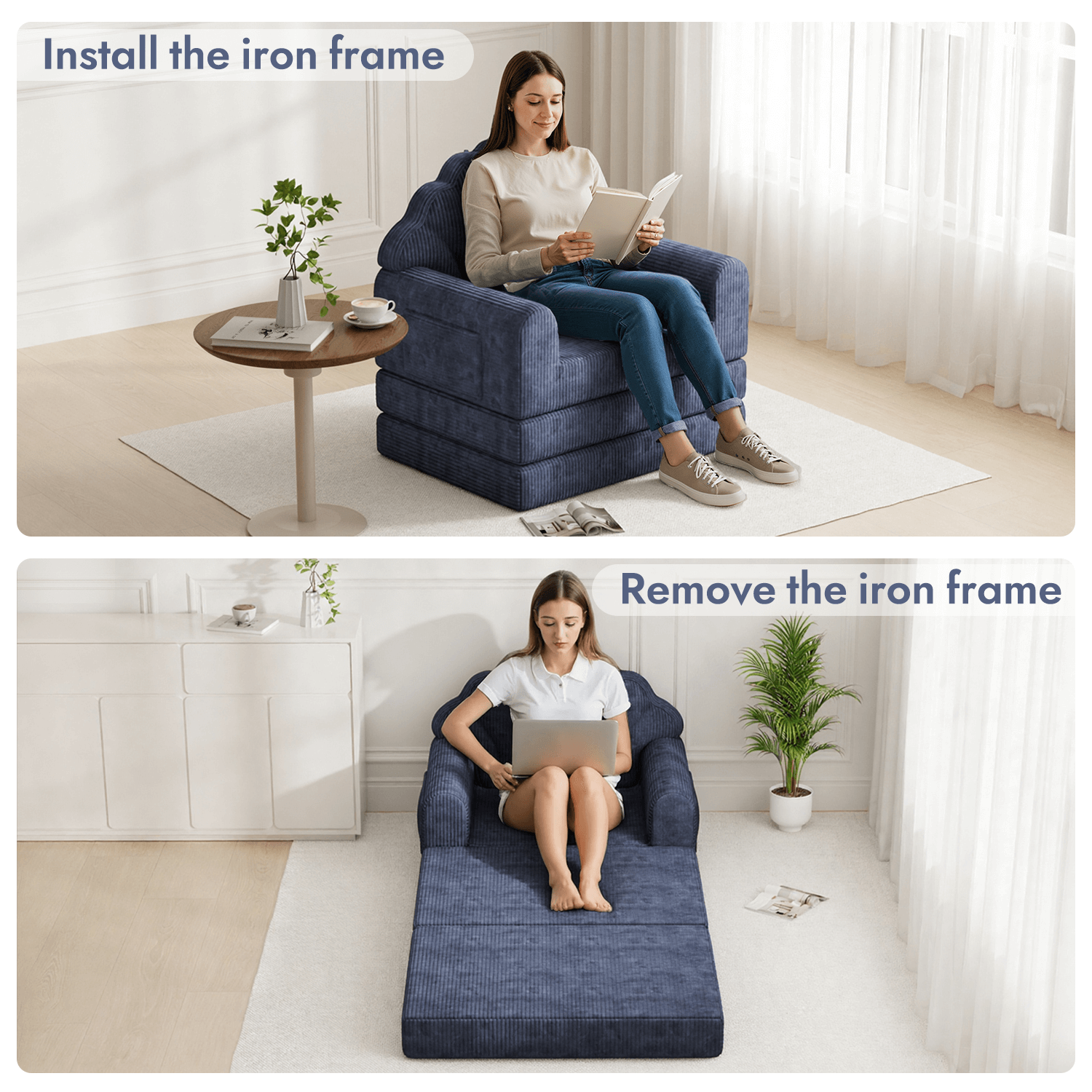 HOMREST 2-in-1 Folding Sofa Bed with Back Support, 75" D x 34" W Convertible Futon Sleeper Chair for Living Room Bedroom Small Spaces, Navy Blue