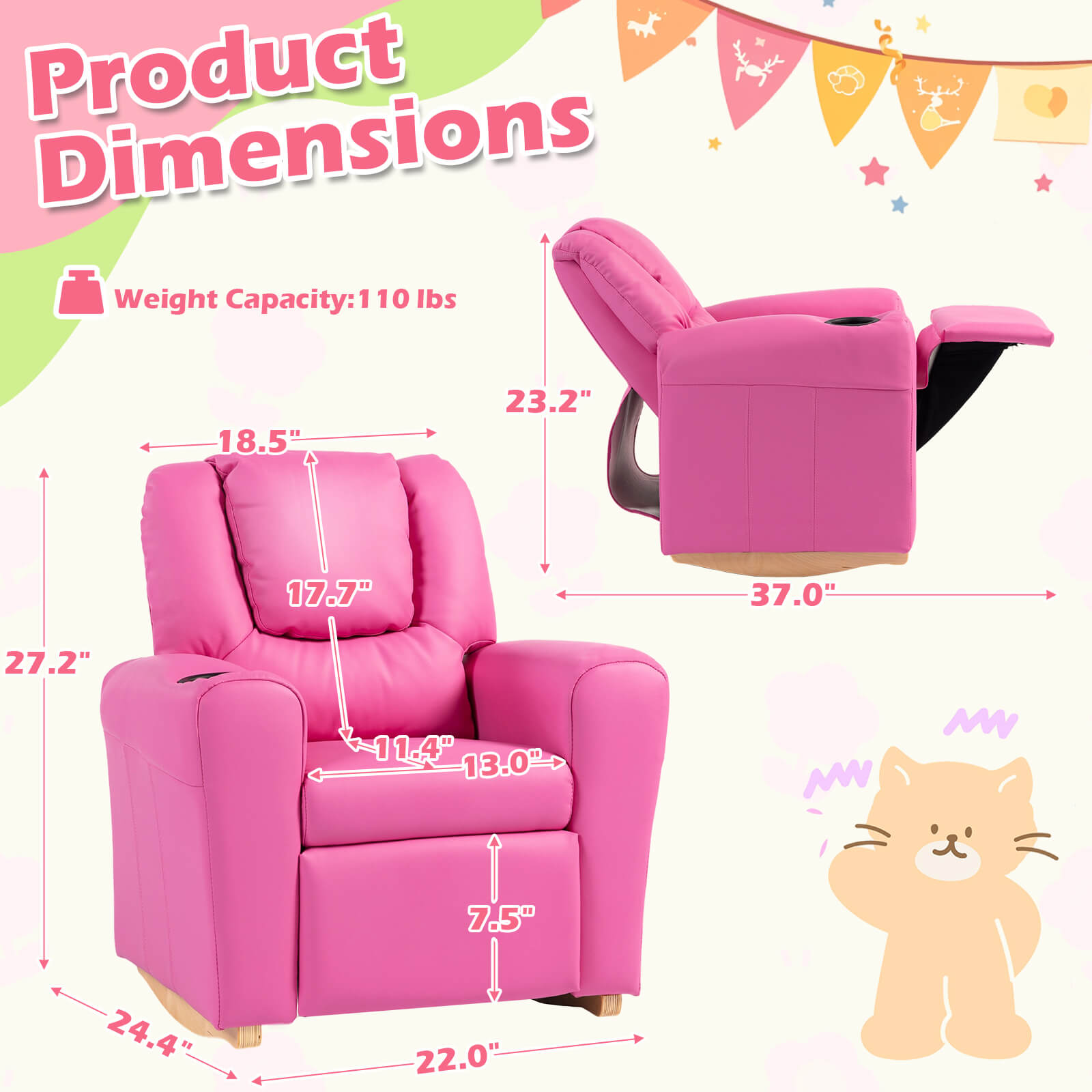HOMREST Kids Recliner Chair with Cup Holder, Leather Toddler Recliner with Adjustable Backrest, Curved Rocking Legs and Comfy Armrests, Pink