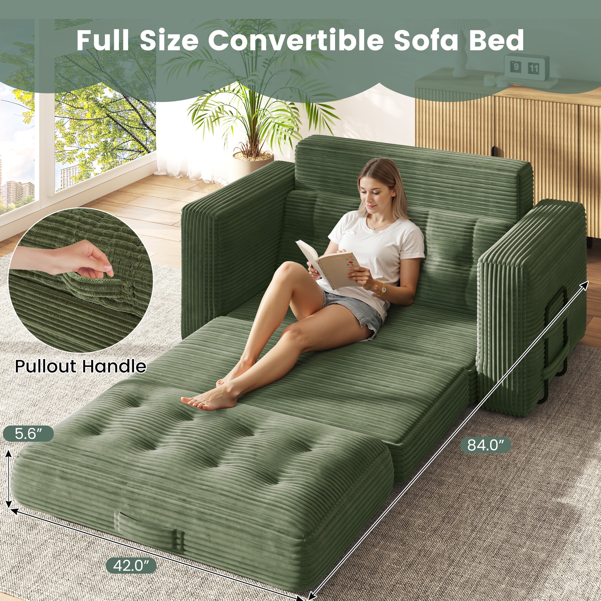 HOMREST No Assembly Needed Convertible Sofa Bed, 2 in 1 Boneless Couch Bed with 2 Pillows, Green