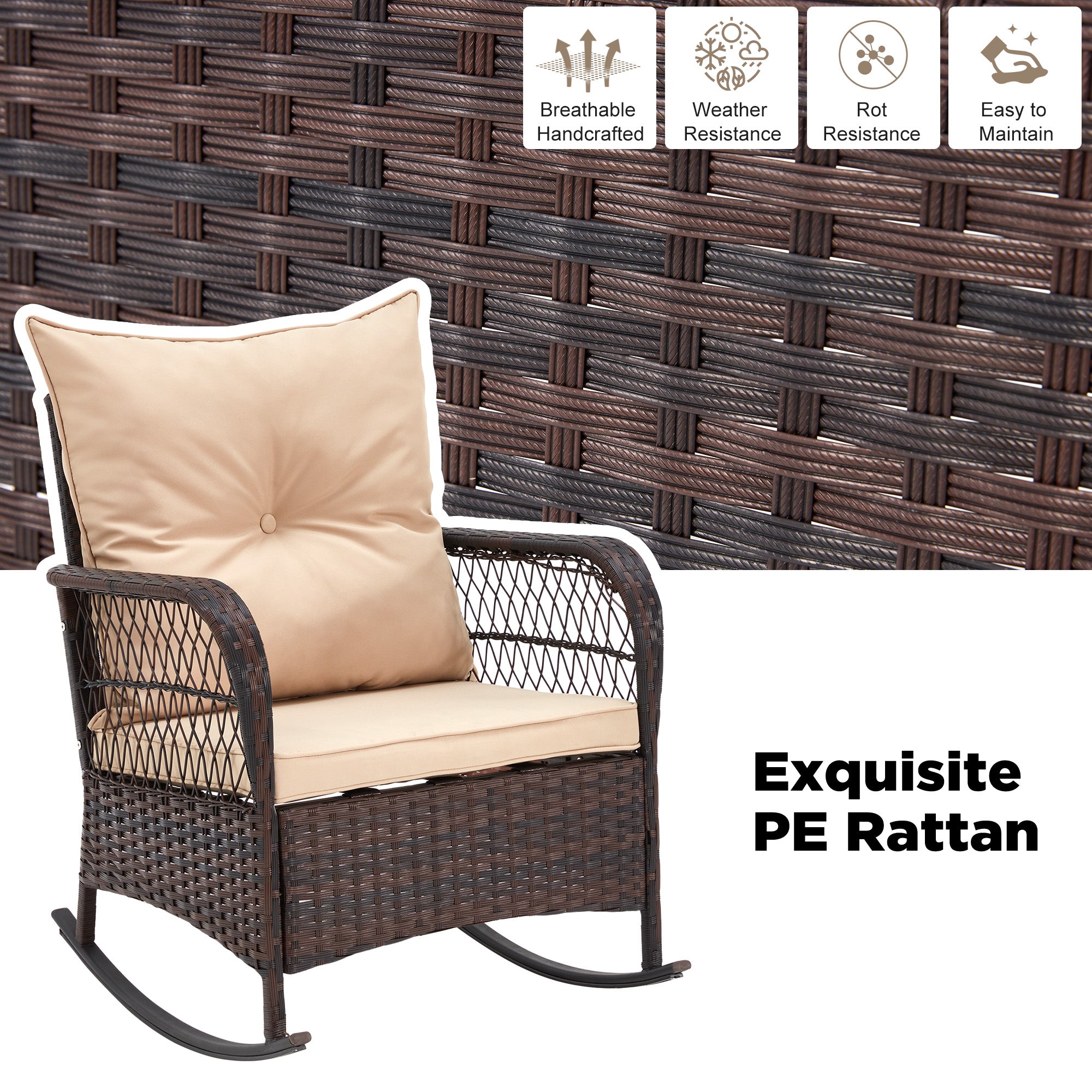 HOMREST 3 pcs Rocking Bistro Set, Outdoor PE Rattan Rocking Chairs with Tempered Glass Coffee Table