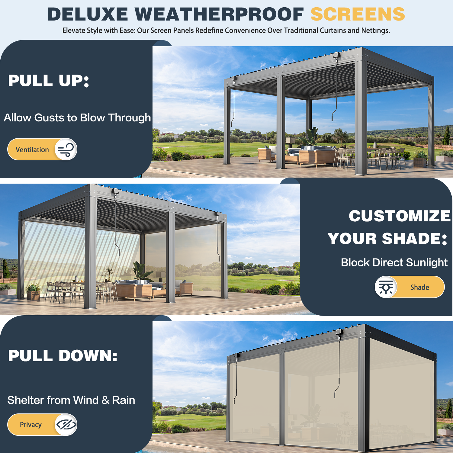 HOMREST 12x16 Louvered Pergola with Side Pull-Down Screen, Outdoor Aluminum Pergola with Thickened Frame and Adjustable Metal Rainproof Roof for Deck Patio Garden Yard, Black-Gray