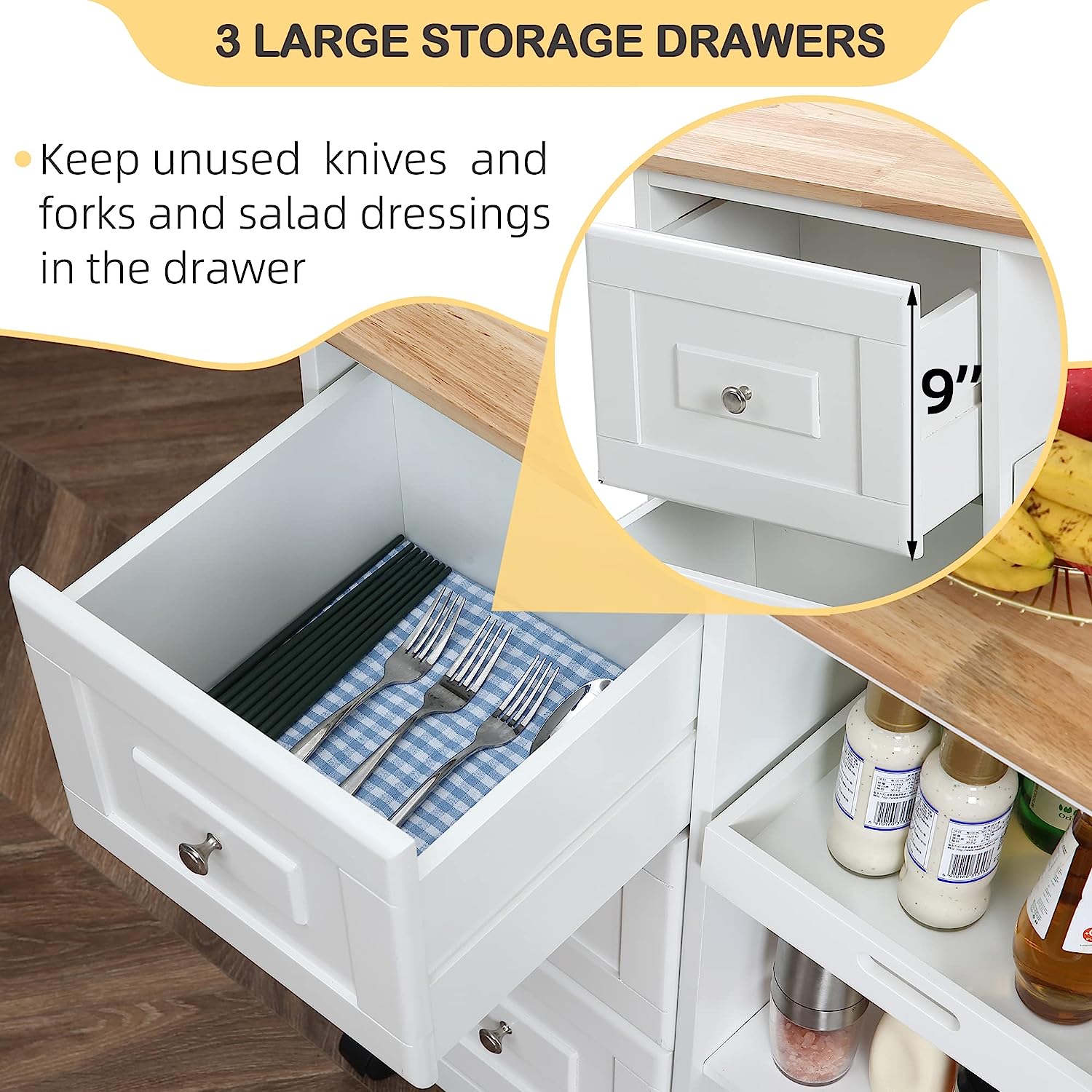 Homrest kitchen island on wheels with 3 large storage drawers, keep unused knives and forks and salad dressings in rhe drawer