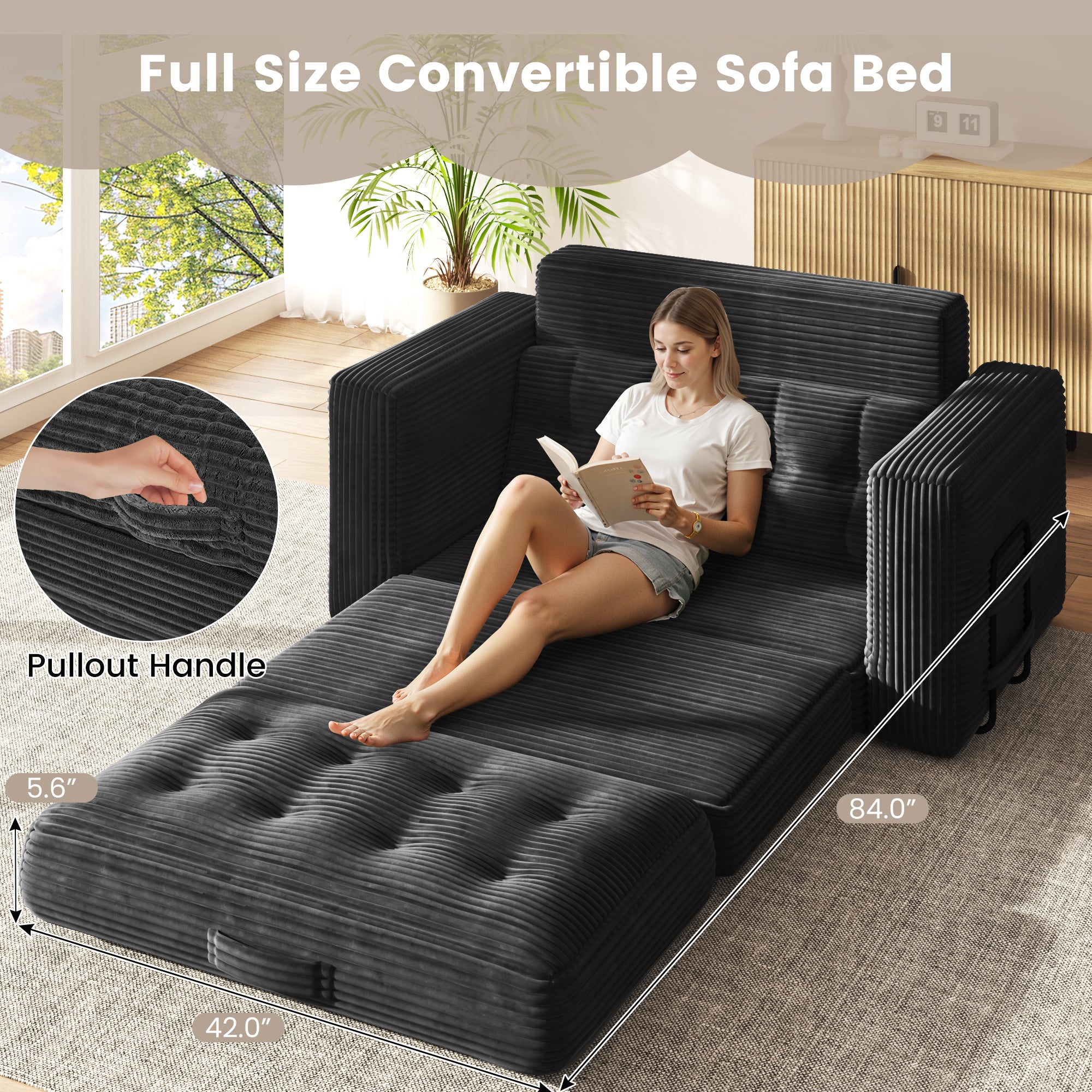 HOMREST No Assembly Needed Convertible Sofa Bed, 2 in 1 Boneless Couch Bed with 2 Pillows, Black