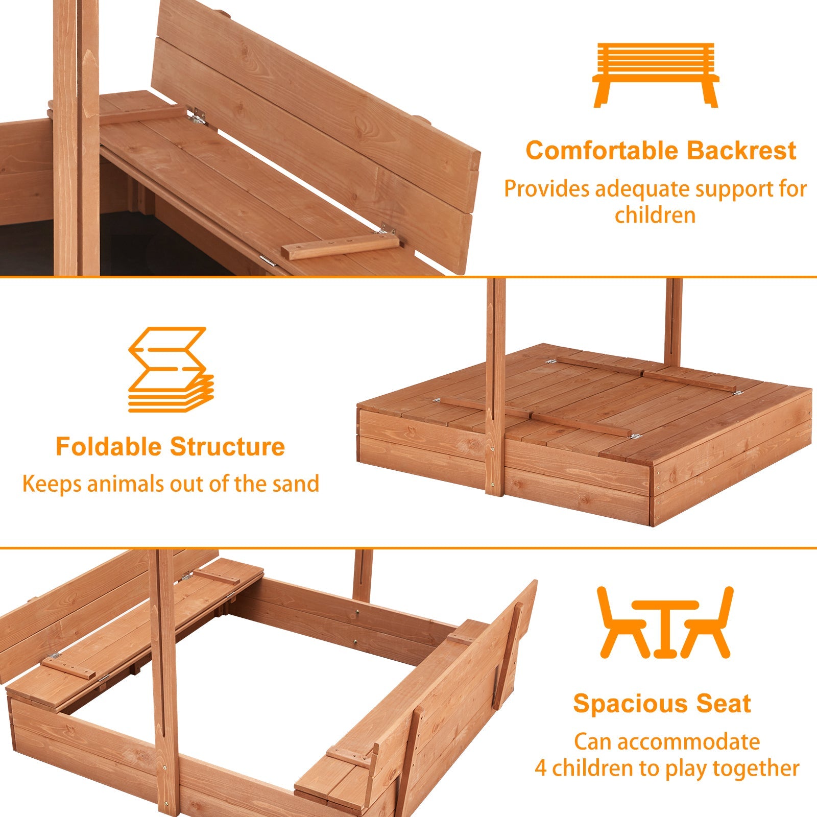 Homrest Kids Sandbox with Cover, Height Adjustable Roof, Foldable Bench Seats for Aged 3-8, Wooden Outdoor Kids Sandbox, Sand Protection Line