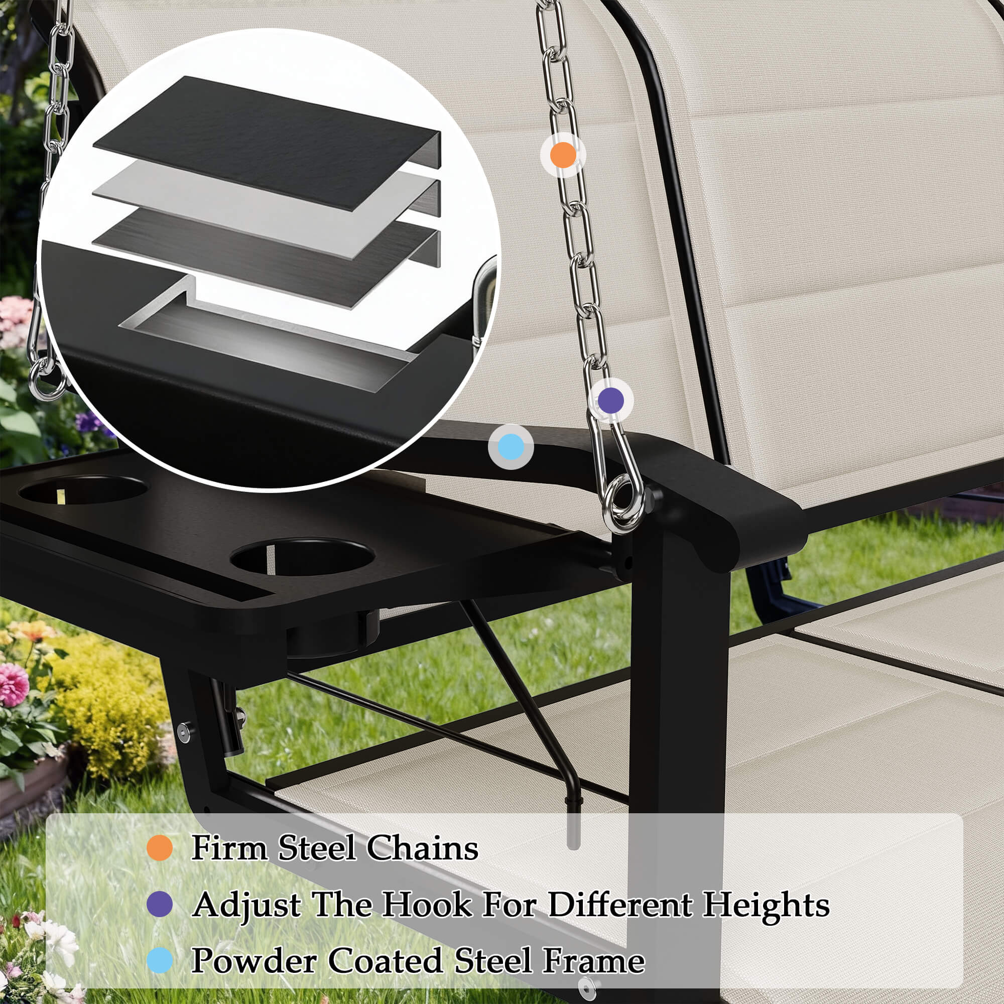 HOMREST 3-Seat Porch Swing with Cup Holders, 5.3 FT Textilene Patio Hanging Swing Bench with Cotton Layer, Hanging Chains, 700 LBS Capacity, Beige
