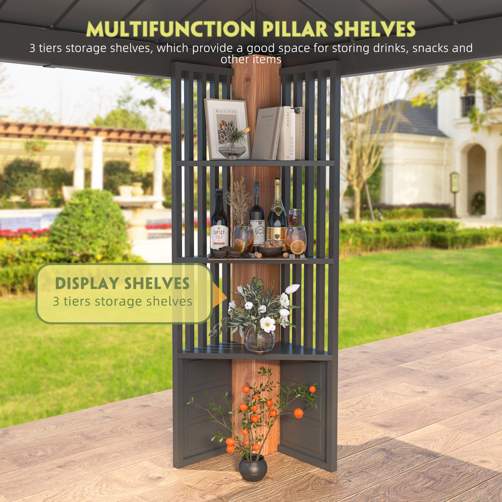 Homrest 12' x 14' Hardtop Gazebo, Galvanized Steel Top with Wood Grain Aluminum Frame, Permanent Metal Pavilion with Three-Layer Storage Shelvess