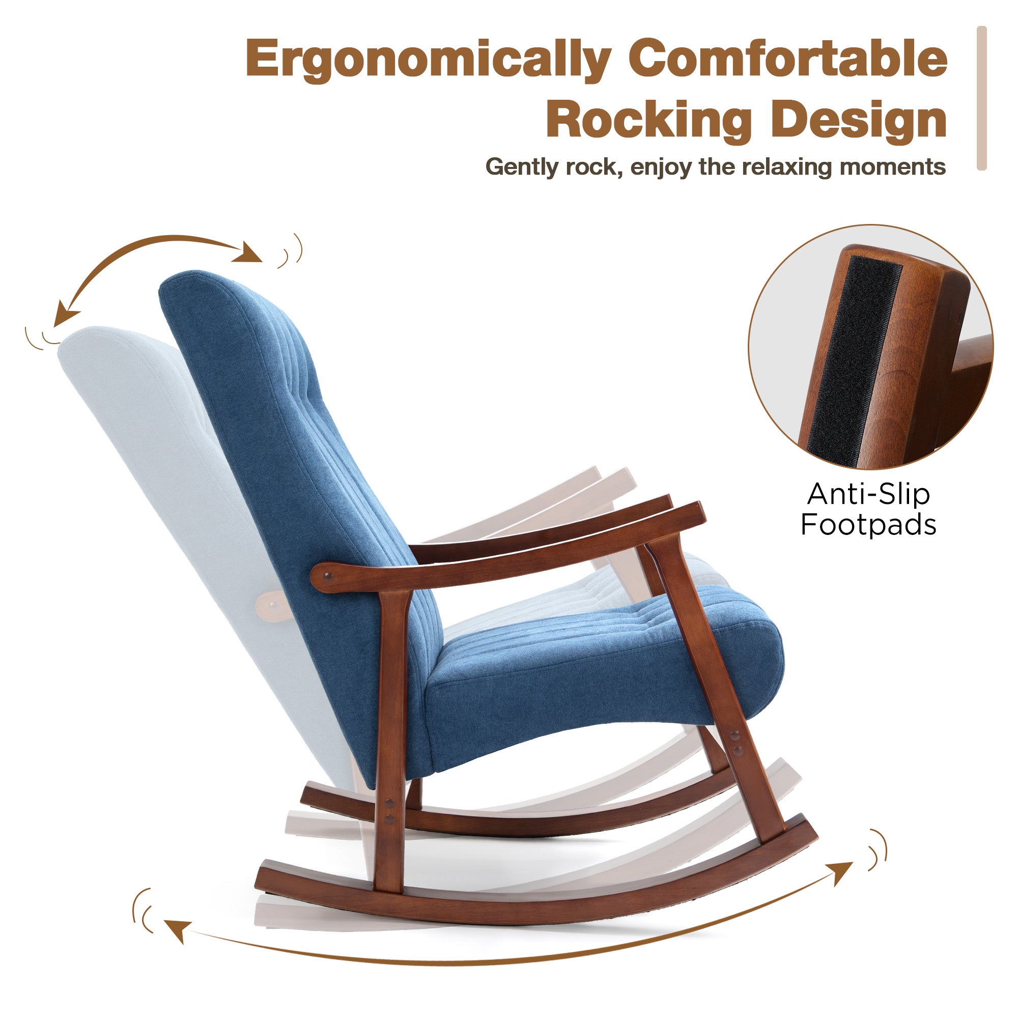 HOMREST Upholstered Rocking Chair with Fabric Padded Seat, Comfortable Rocker Solid Wood for Living Room, Modern High Back Armchair for Adult, (Blue)