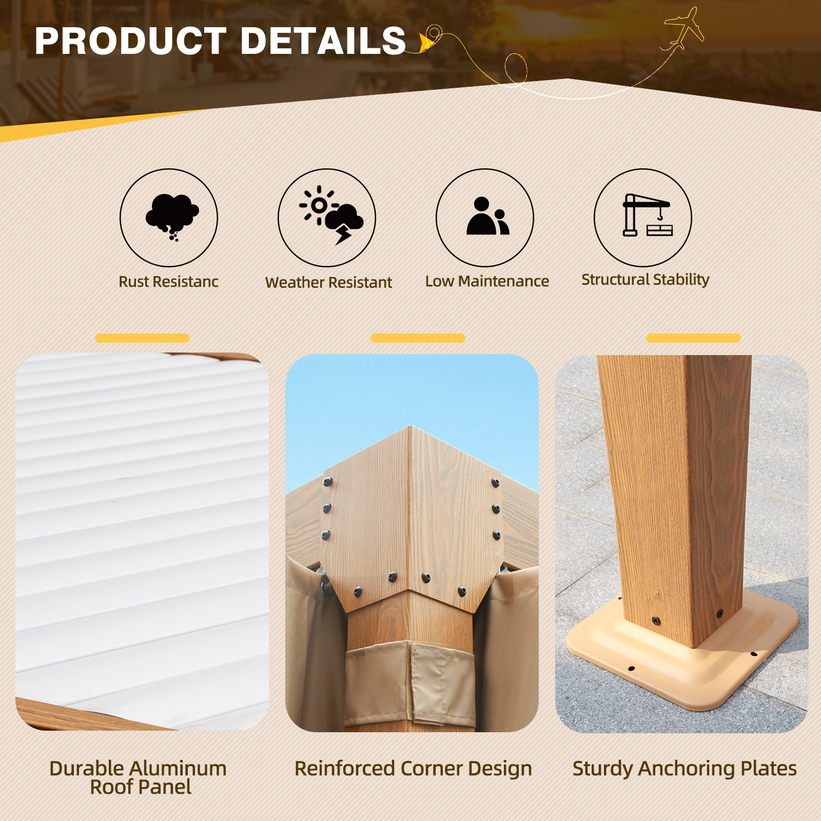 HOMREST Louvered Pergola 10x12 Outdoor Hard Top Pergola with Aluminum Frame and Adjustable Metal Rainproof Roof for Garden & Patio, Curtains and Netting Included, Wood Grain