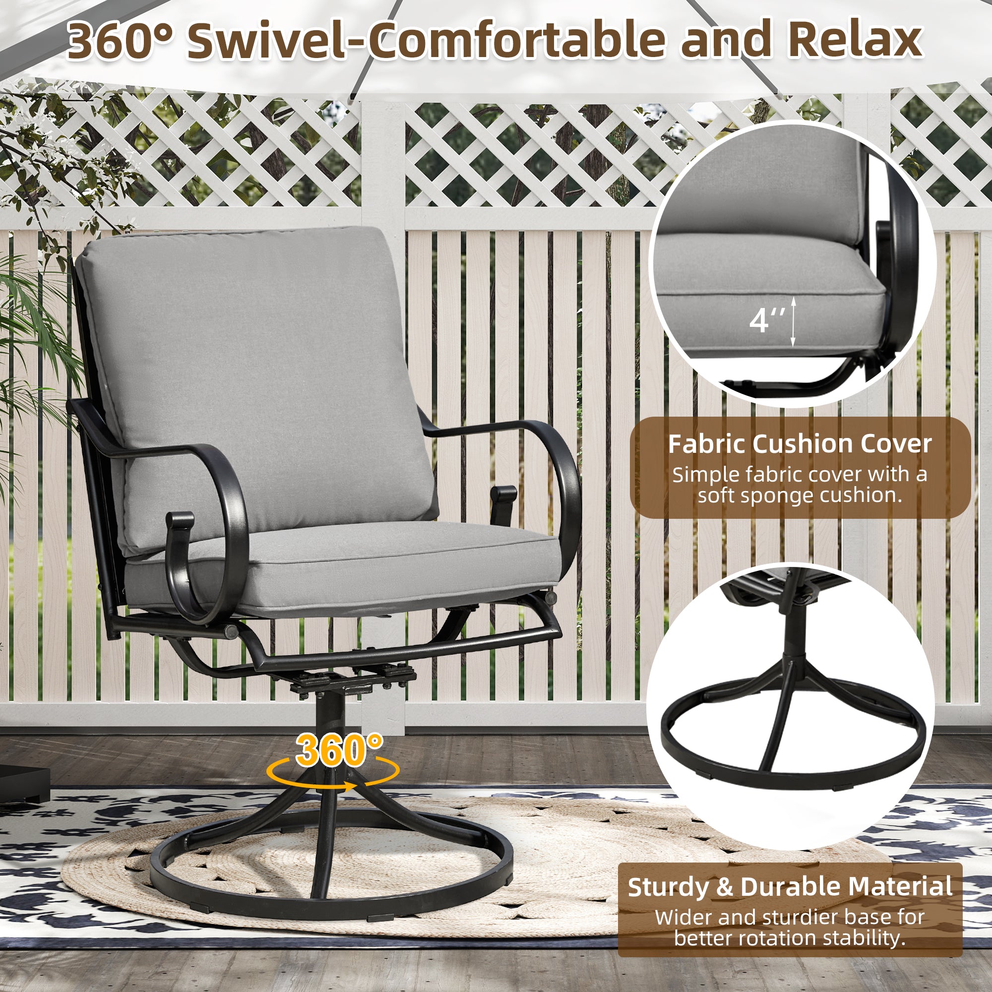 HOMREST  Patio Swivel Chair Set of 2, Outdoor Dining Chairs with Cushions, Gray