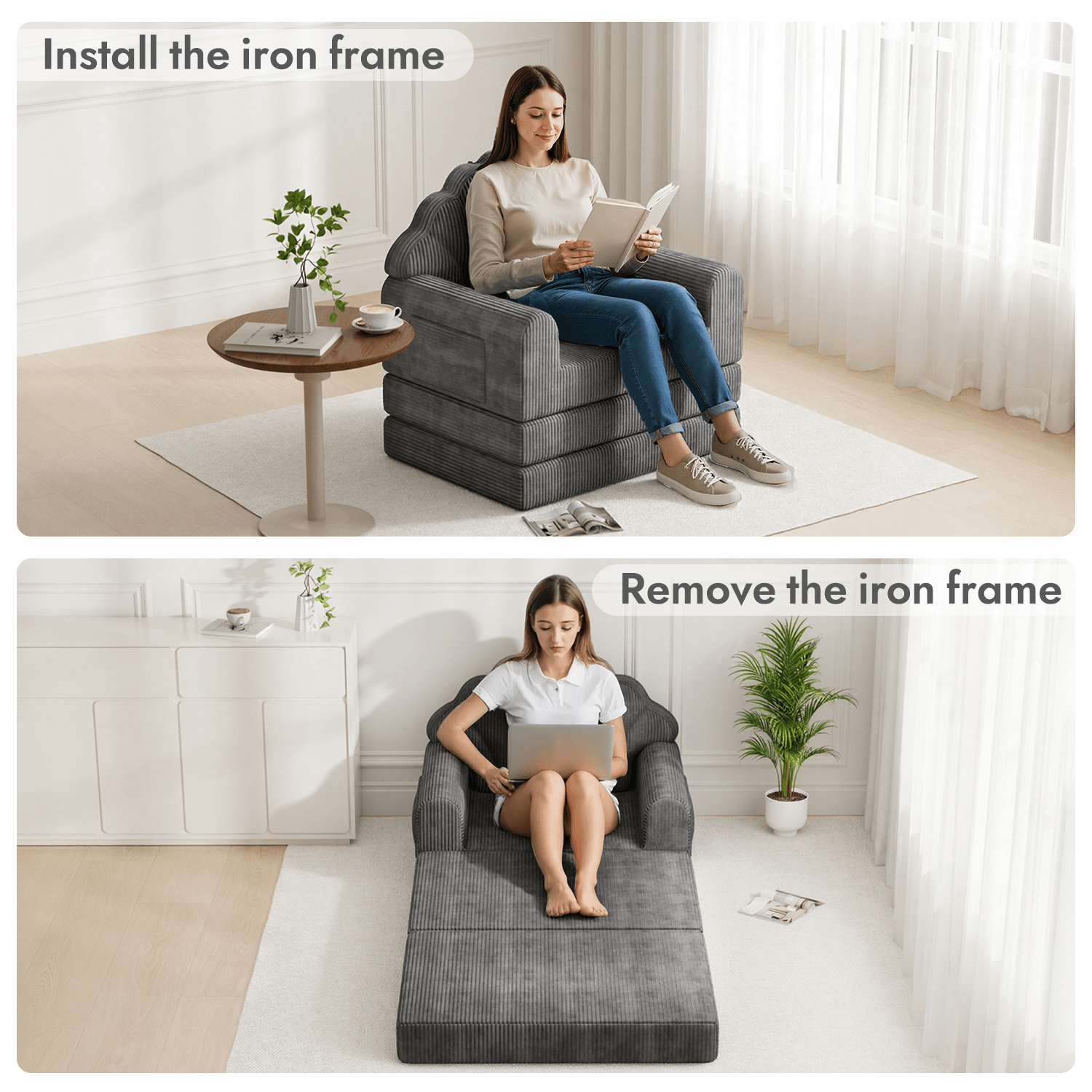 HOMREST 2-in-1 Folding Sofa Bed with Back Support, 75" D x 34" W Convertible Futon Sleeper Chair for Living Room Bedroom Small Spaces, Gray
