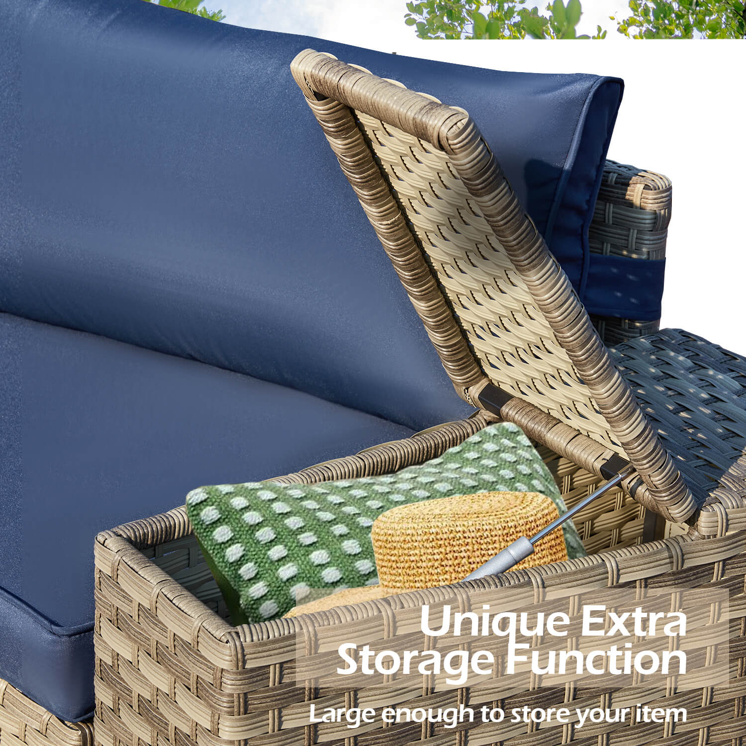 HOMREST Outdoor Patio Furniture Set, 7-Piece Half-Moon Wicker Patio Sofa Set with Storage Table, Blue