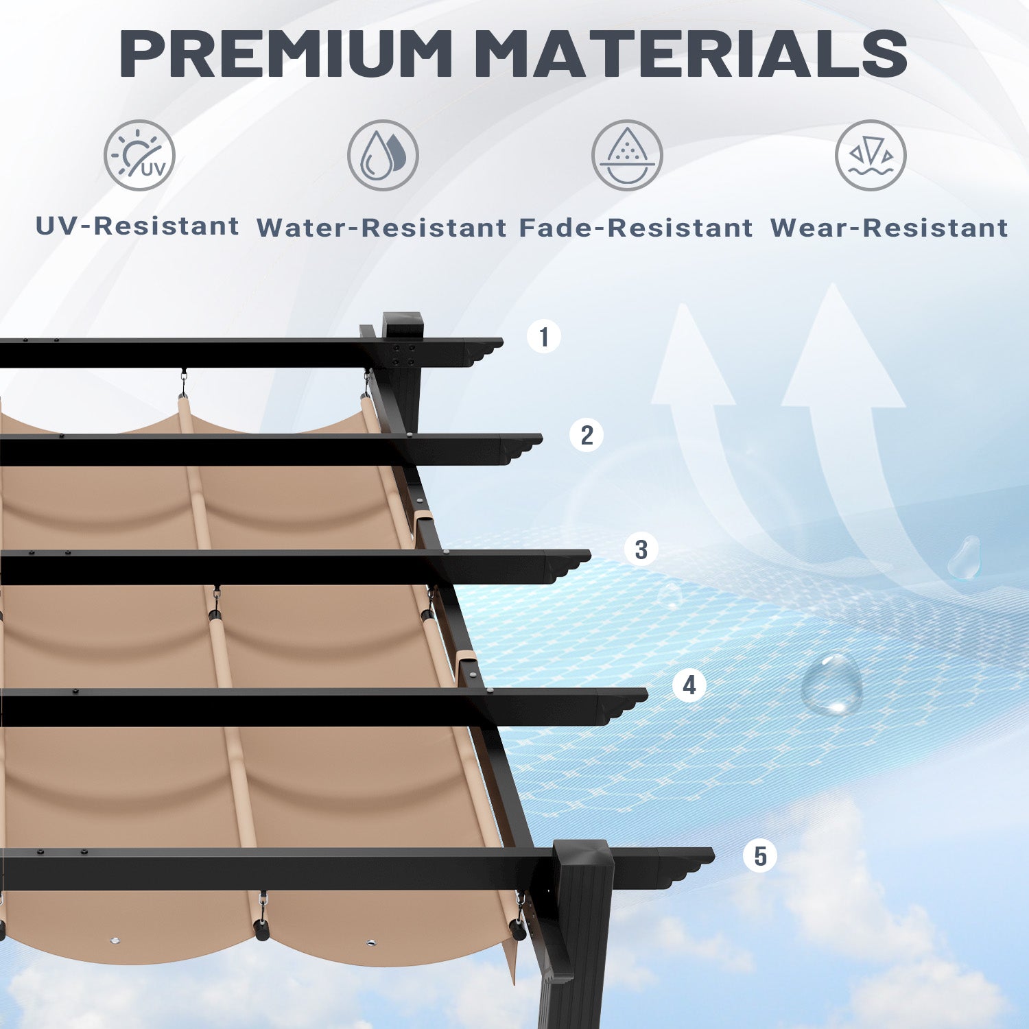 HOMREST Retractable Pergola 10x13 Ft, Outdoor Aluminum Shelter with Dual Adjustable Sun Shade Canopy for Patio Backyard, Locking System Includes Straps & Screws (Khaki)