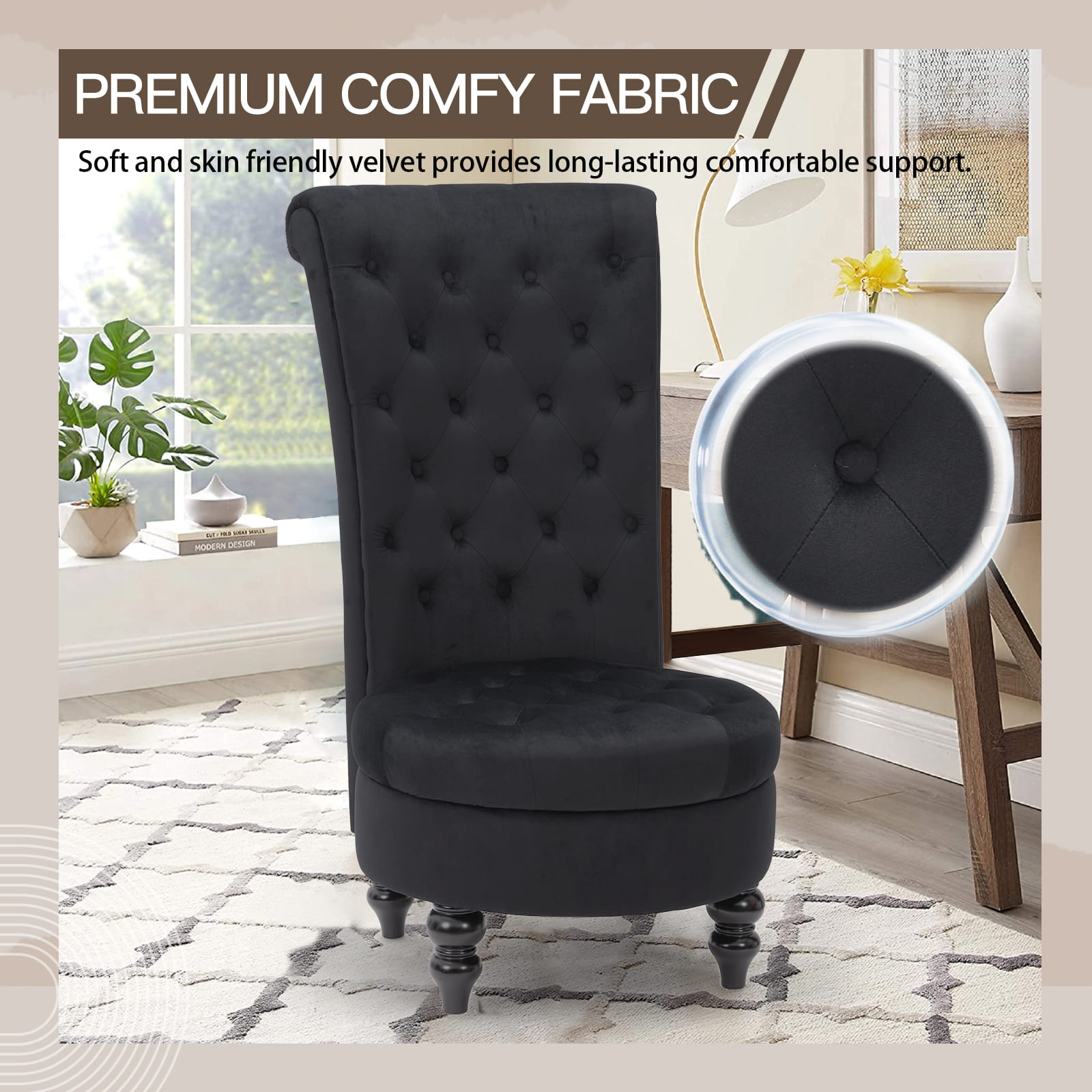 Homrest Throne Button-Tufted High-Back Accent Chair – Black