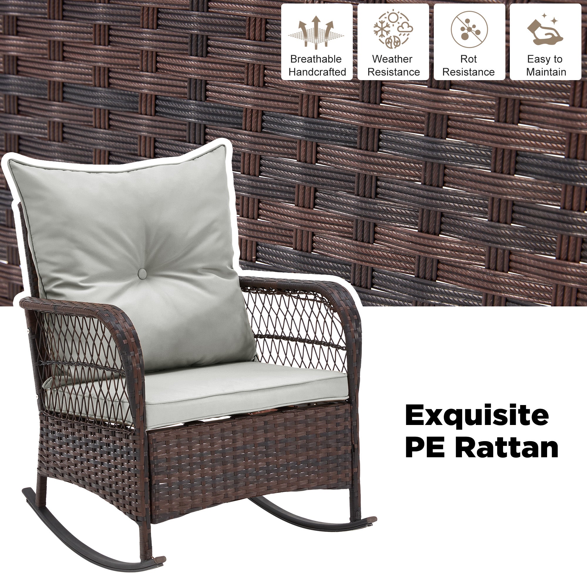 HOMREST 3-Piece Rattan Rocking Bistro Set with Glass Coffee Table for Porch & Garden