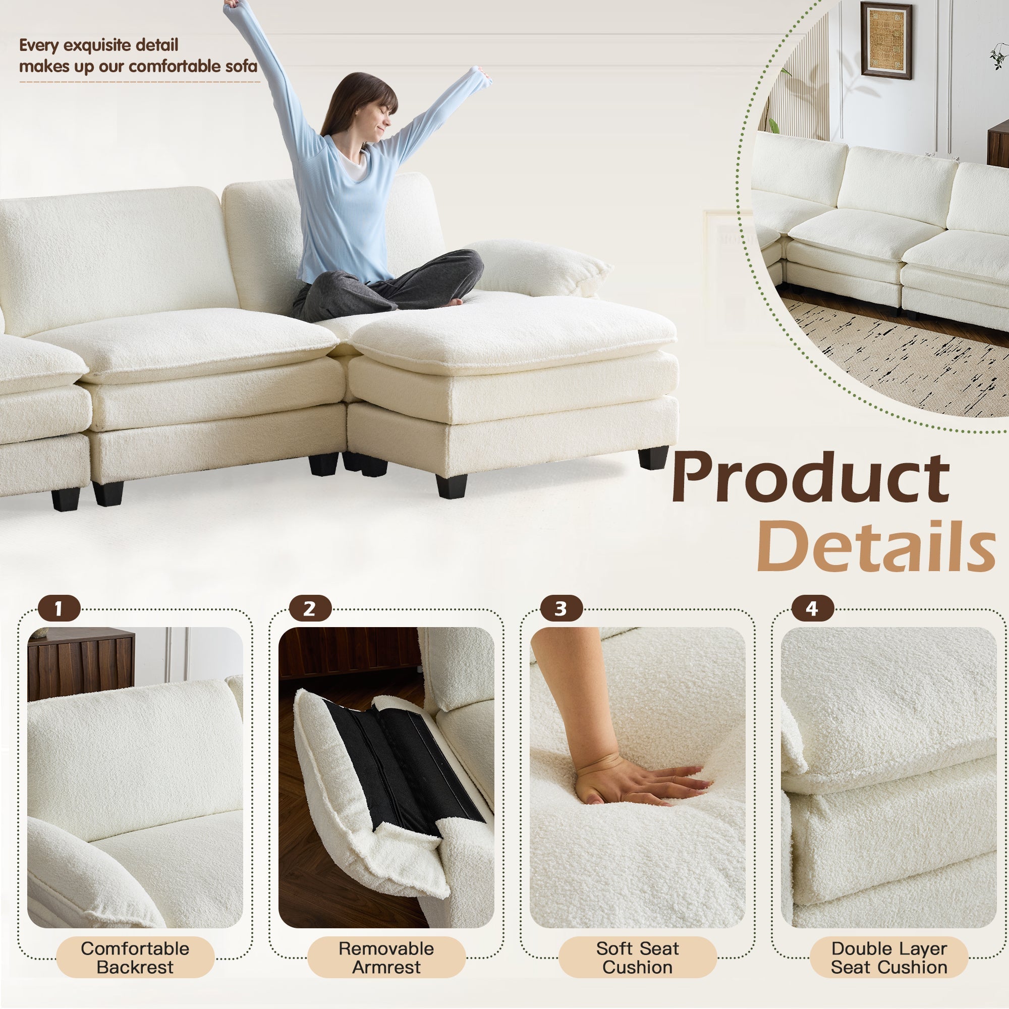 Homrest 120.8 Inch Oversized Sectional Couch for Modern Living Room, Beige
