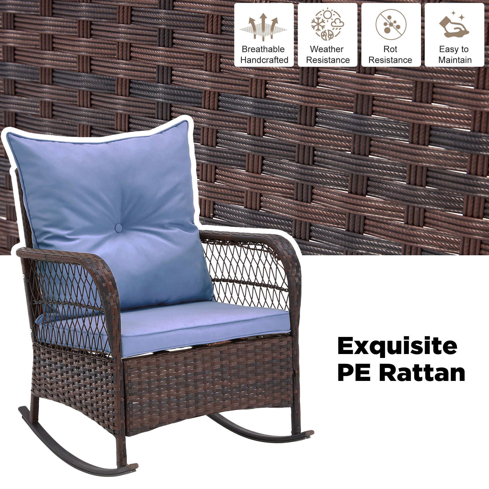 HOMREST 3-Piece Rattan Rocking Bistro Set with Glass Coffee Table for Porch & Garden