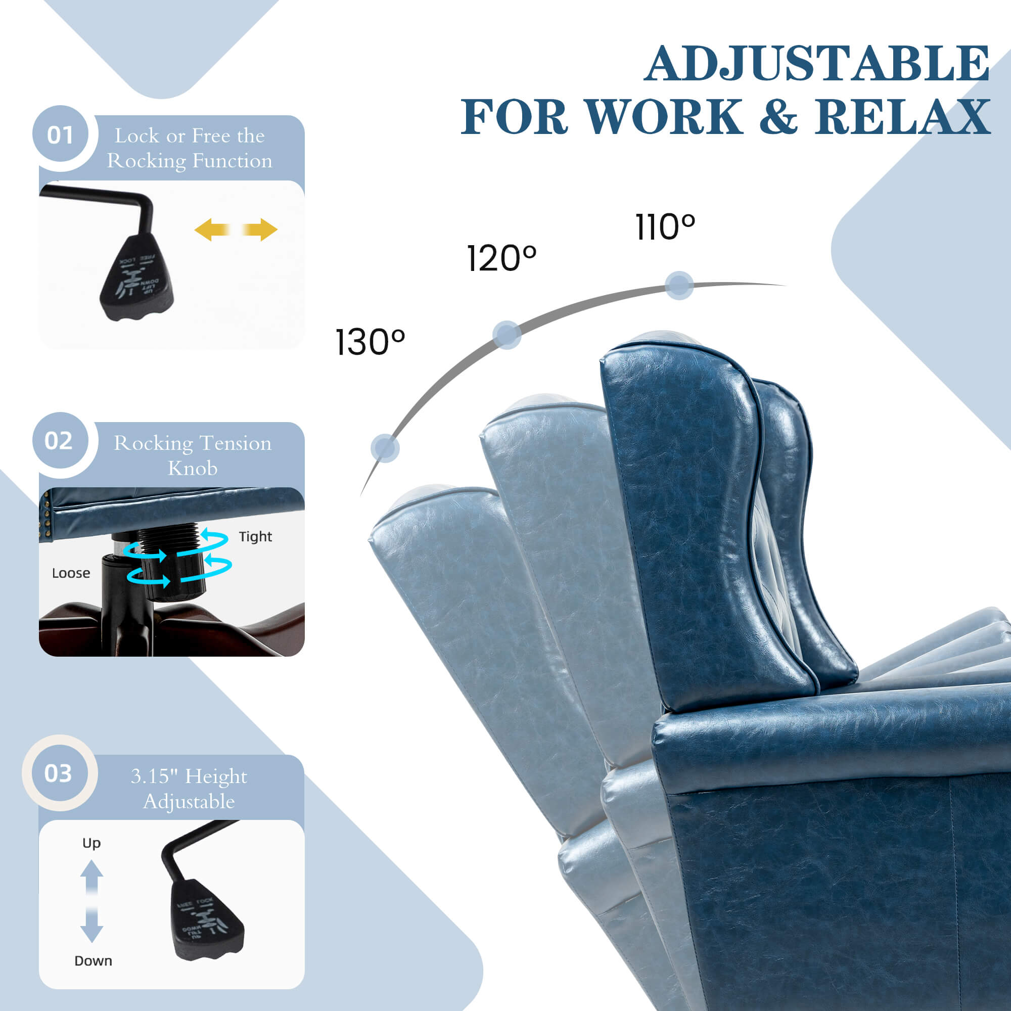 Homrest Executive Wingback Office Chair – Blue PU Leather High Back Desk Chair