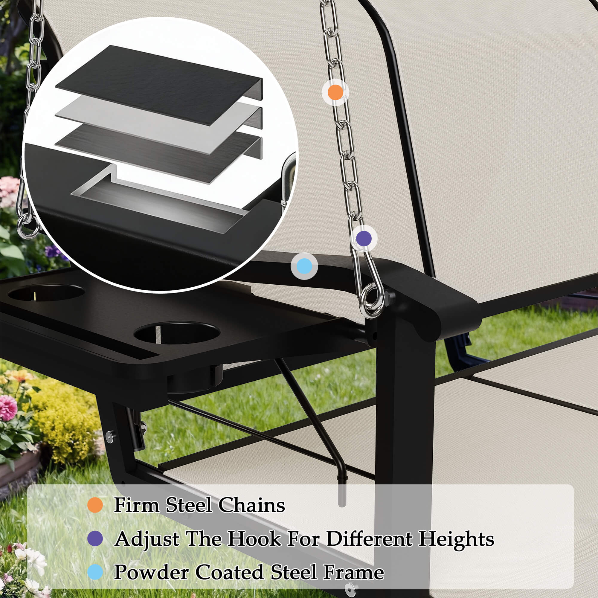 HOMREST Textilene 3 Seat Porch Swing with Cup Holder, 5.3FT Patio Hanging Swing Bench with with Hanging Chains, 700 LBS Capacity, Beige