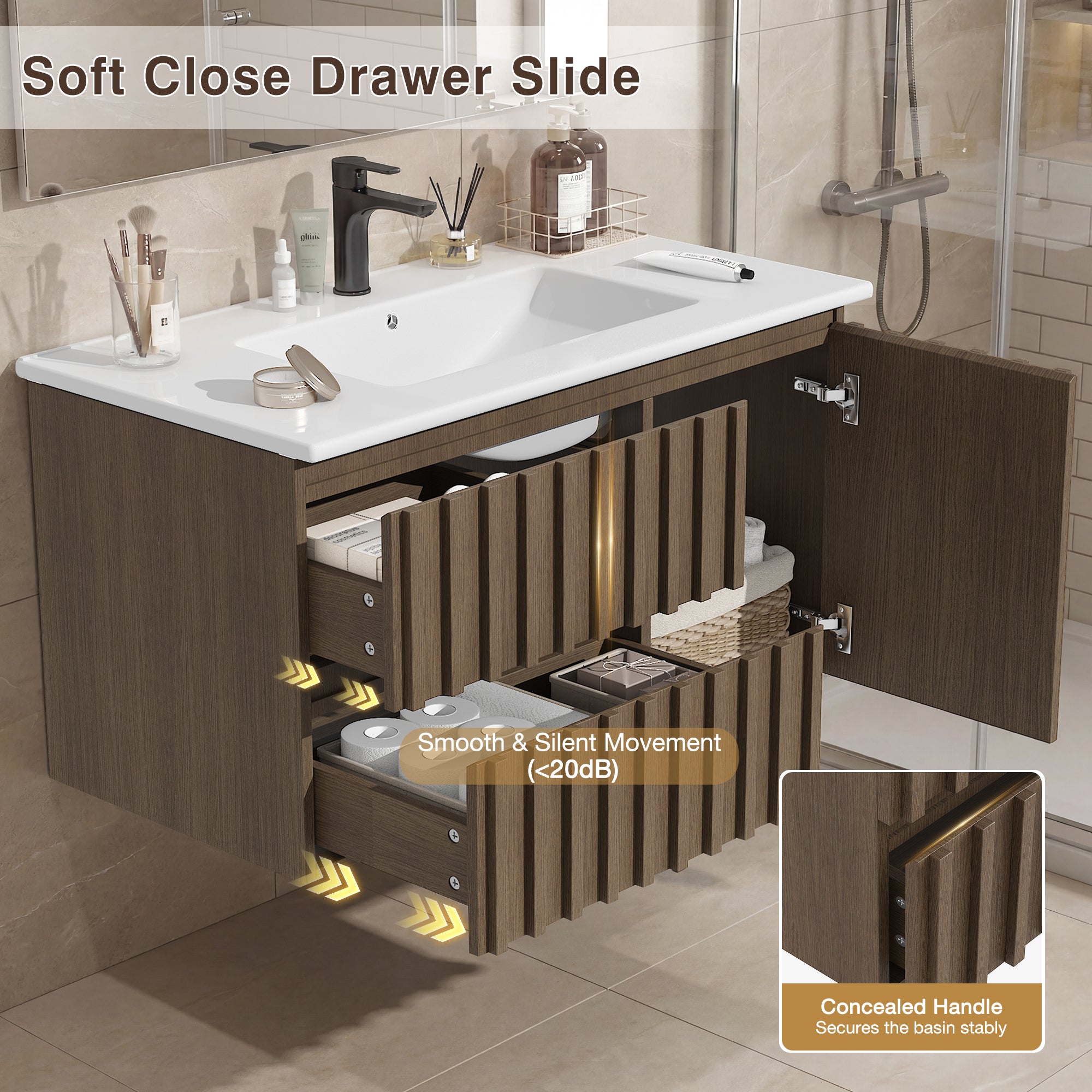Homrest 36" Wall Mounted Single Bathroom Vanity With Ceramic Sink, Bathroom Vanity With Spacious Cabinet And 2 Soft-close Drawers,  Brown