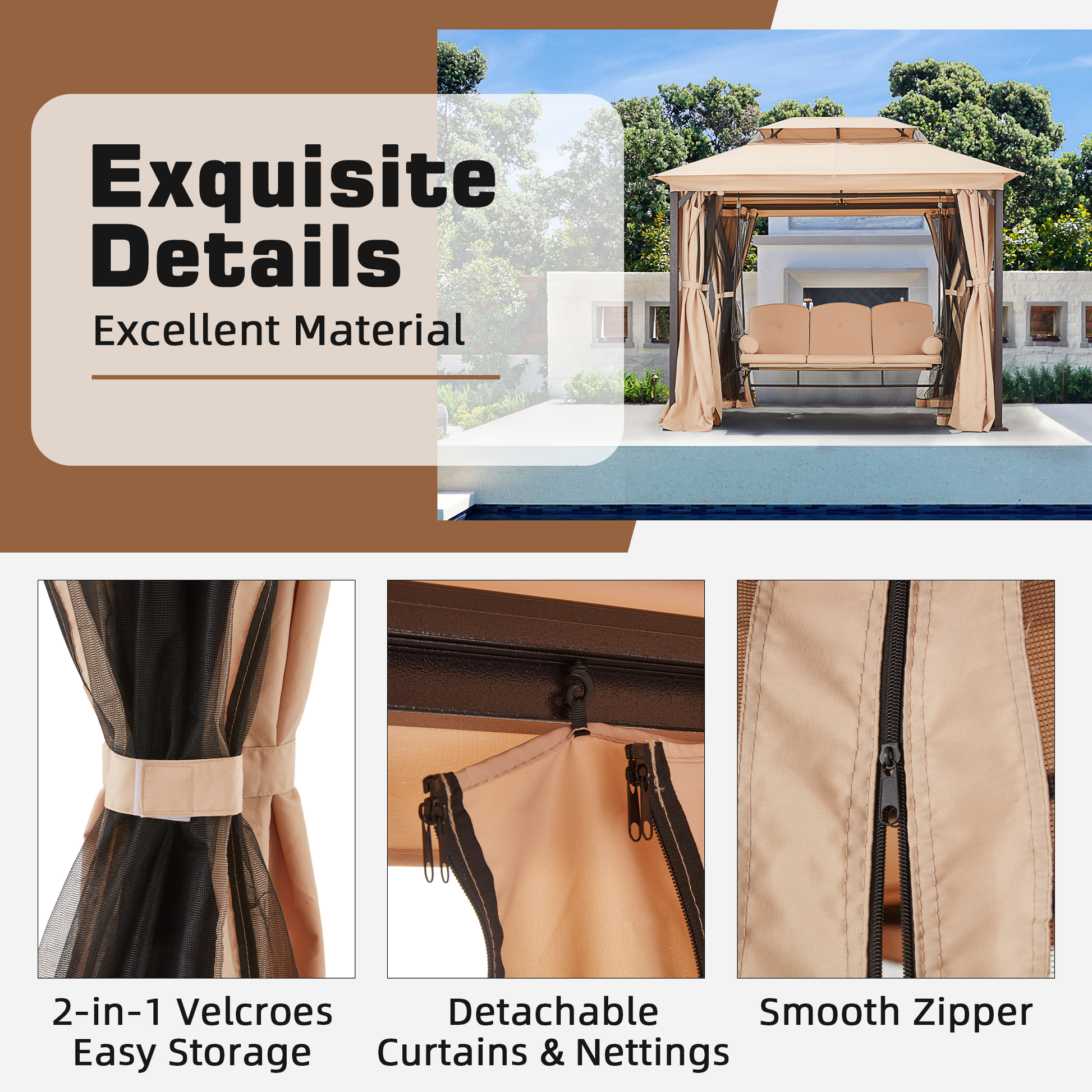Homrest 3-Seat Swing Chair,Outdoor Gazebo Swing,Porch Swings Outdoor with Double Tier Canopy,Netting Curtains,Side Trays,for Graden,Poolside Backyard(Khaki)